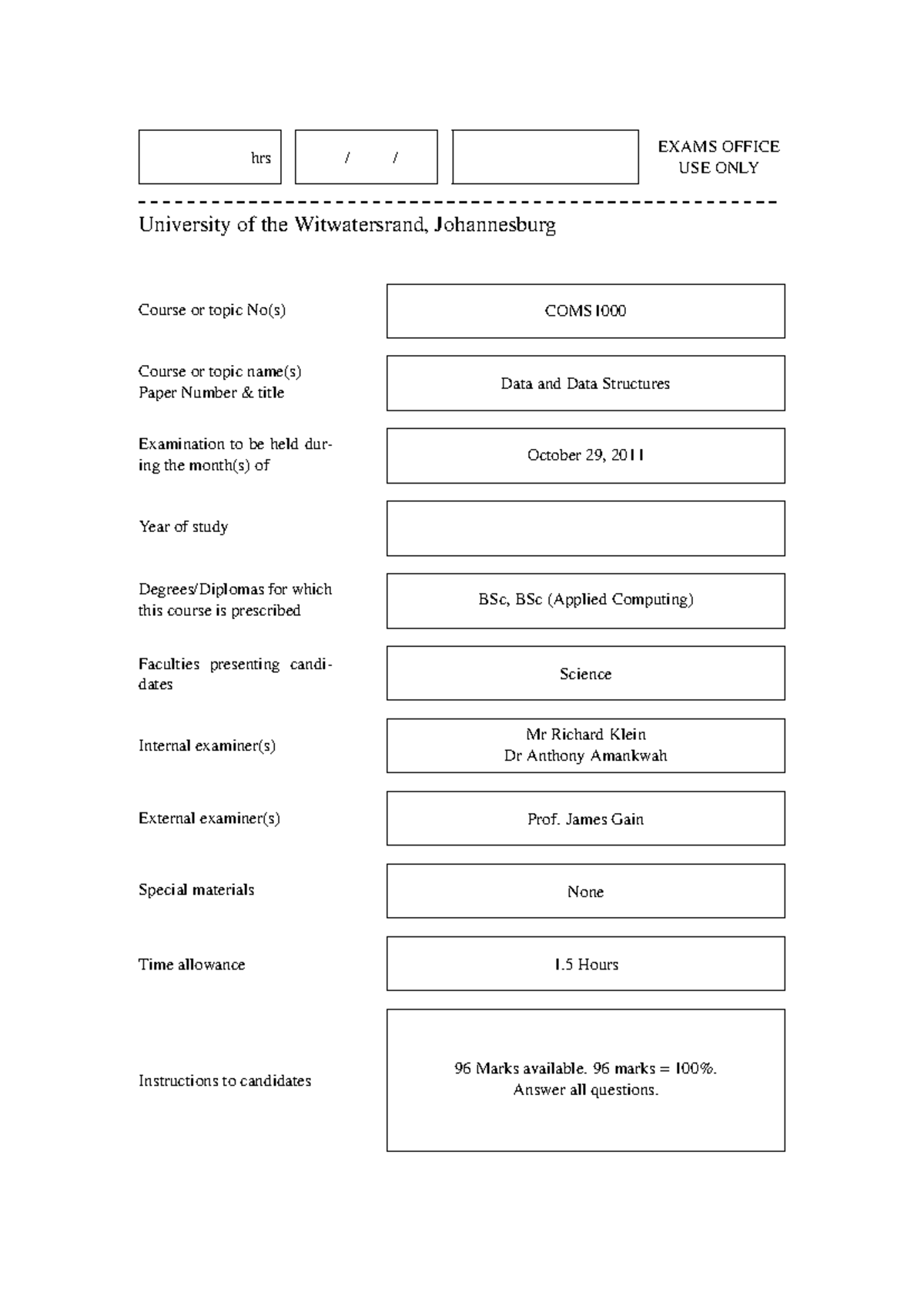 Data and Data Structures Exam Memo - October 29, 2011 - Studocu