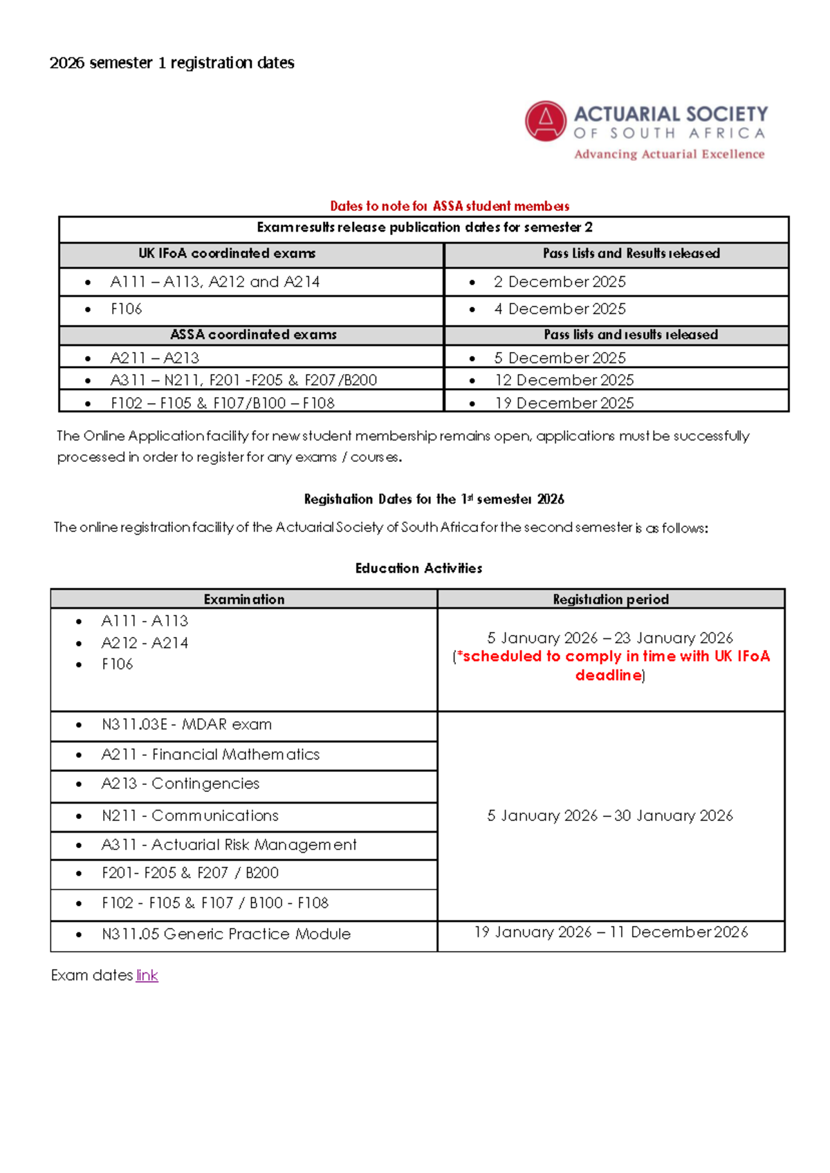Important Dates for 1st Semester 2026 - ASSA Exams & Registration - Studocu