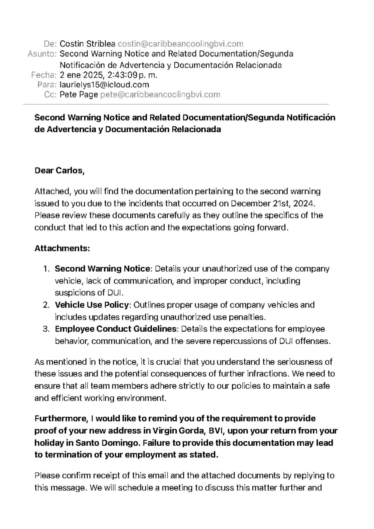 Second Warning Notice and Related Documentation:Segunda Notificación de ...