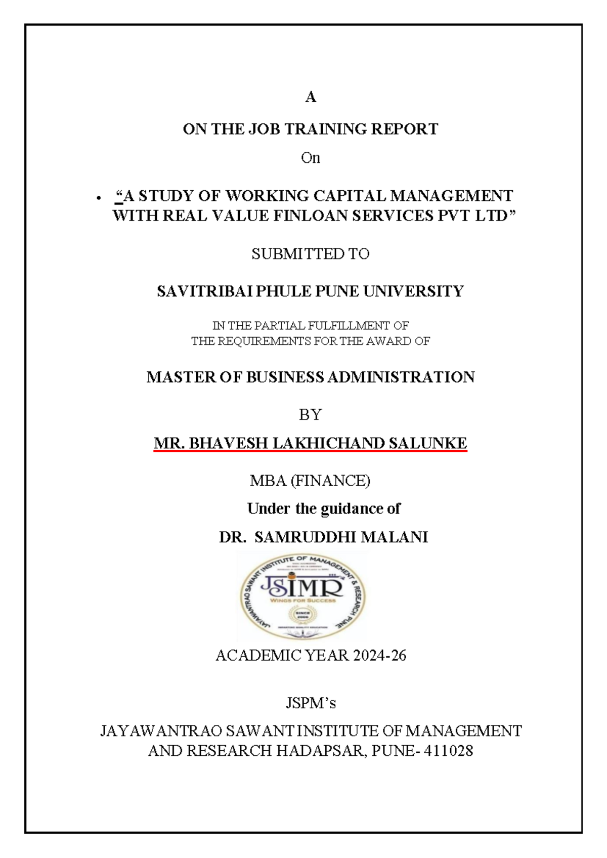 OJT Report: Working Capital Management at Real Value Finloan Services ...