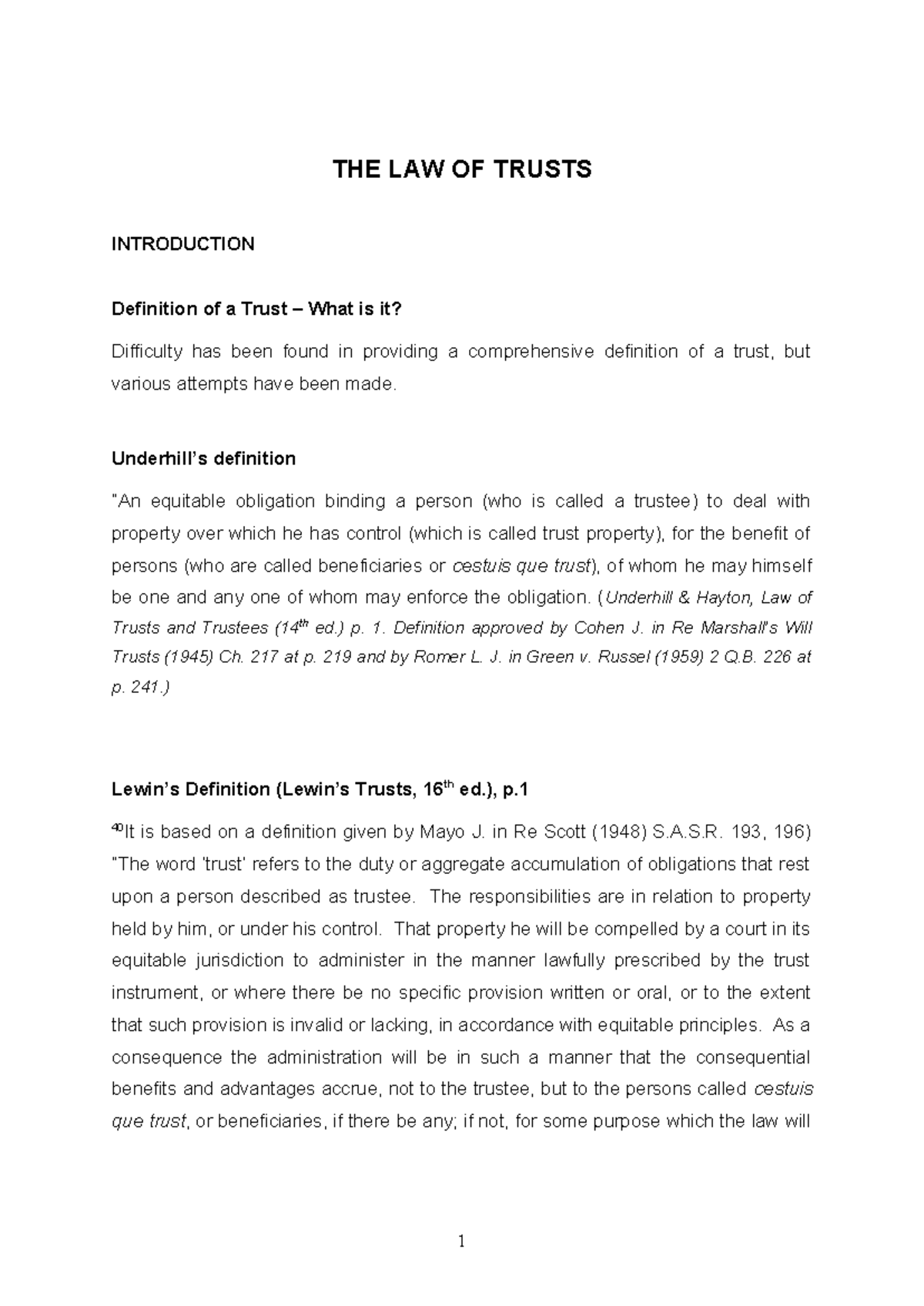 The Law of Trust Notes - THE LAW OF TRUSTS INTRODUCTION Definition of a ...