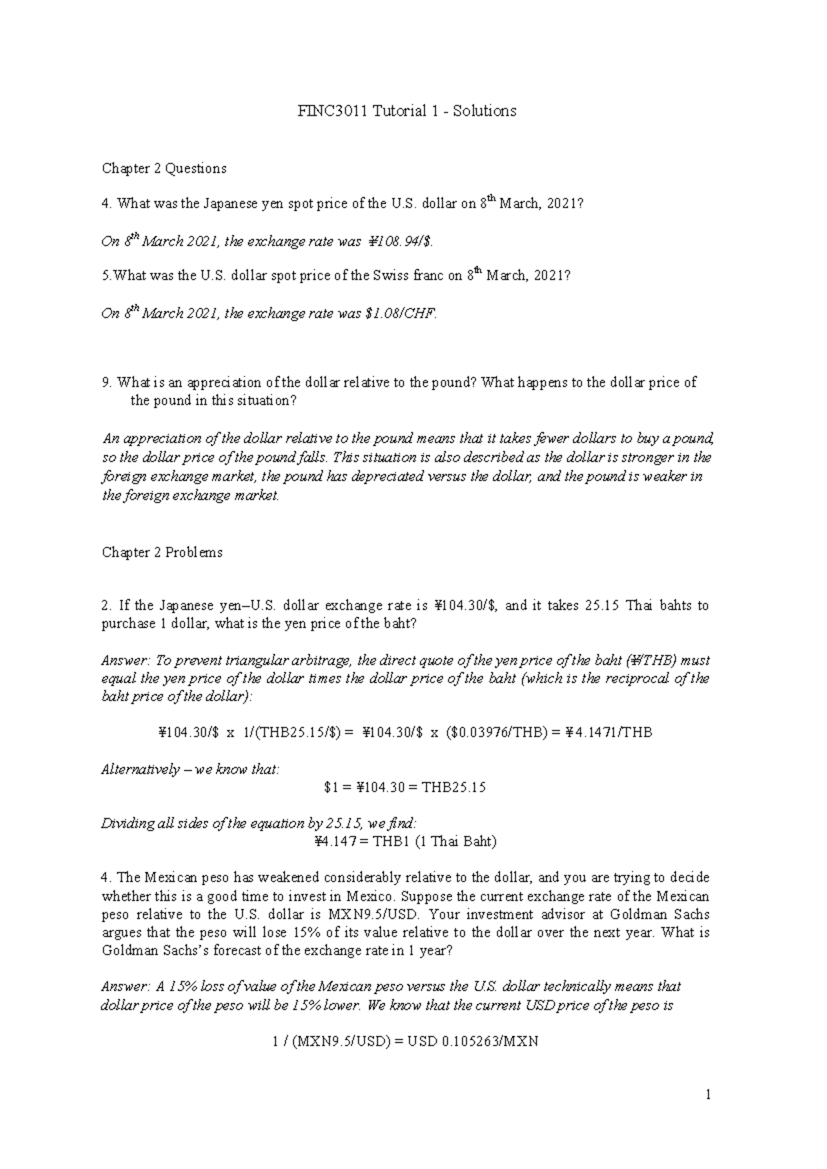 FINC3011 Tutorial 1 - Solutions to Exchange Rate Questions - Studocu
