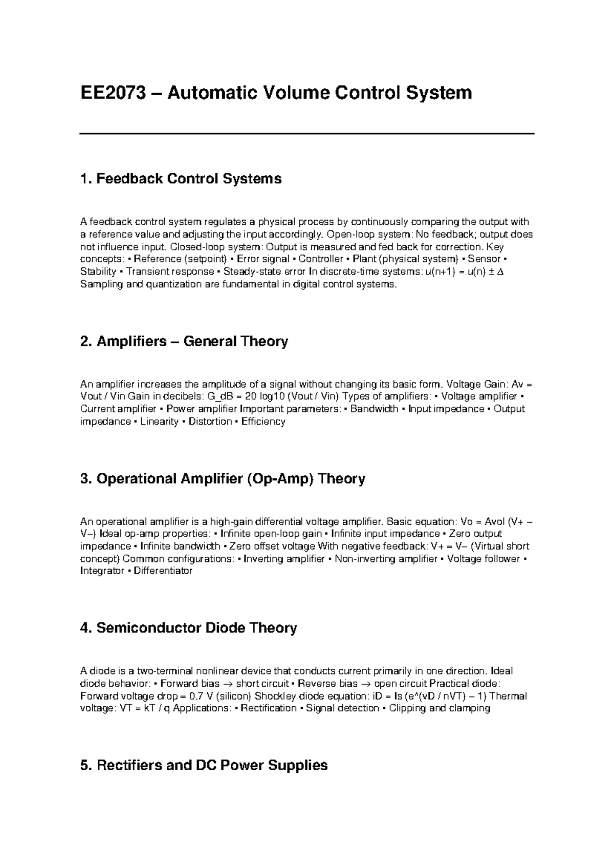 EE2073 Automatic Volume Control System: Theory Expanded - Studocu