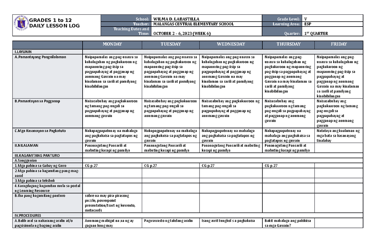 DLL ESP 5 Q1 W6 - qwertyuiop - GRADES 1 to 12 DAILY LESSON LOG School ...