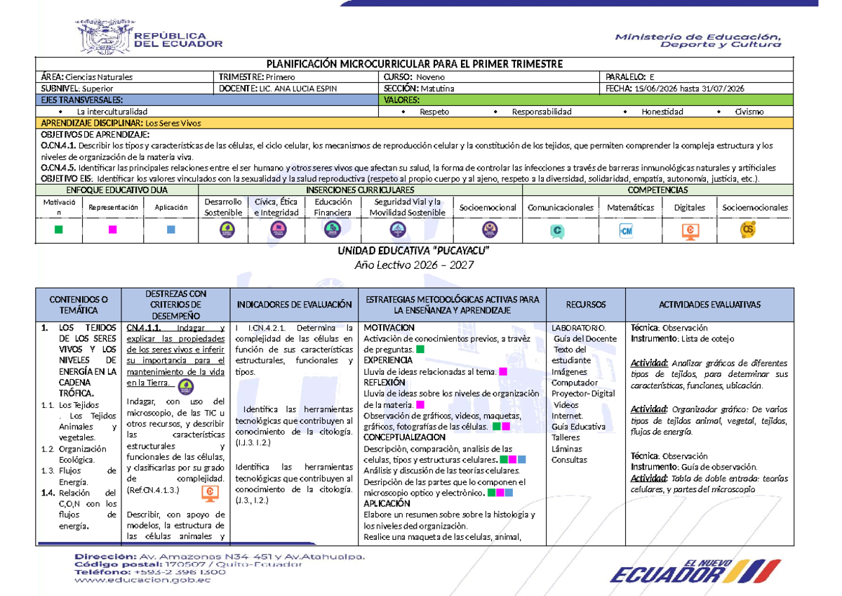 Microcurriculum Ciencias Naturales 9° - Primer Trimestre 2026-2027 - Document Preview