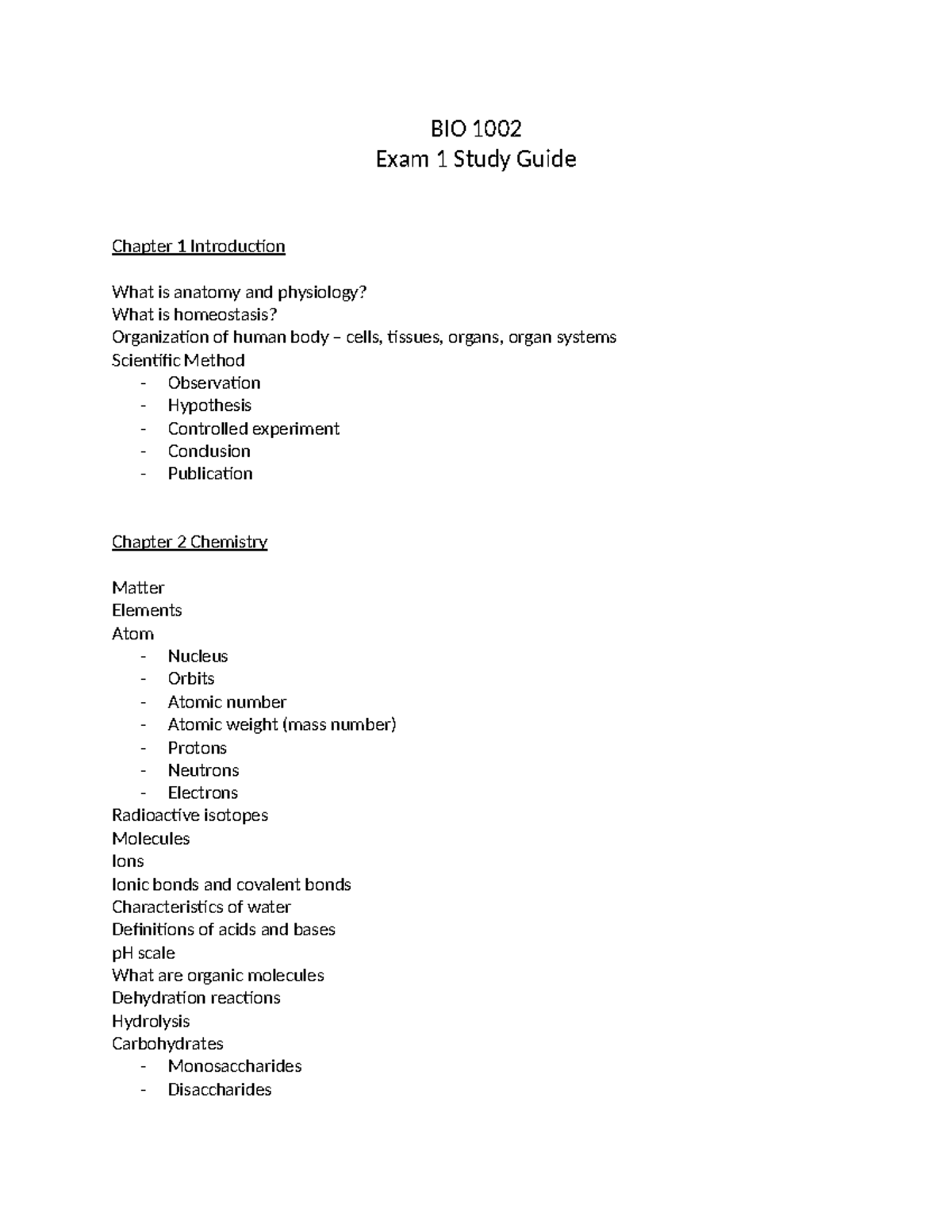 BIO 1002 Exam 1 Study Guide: Anatomy, Chemistry, and Cells Overview ...