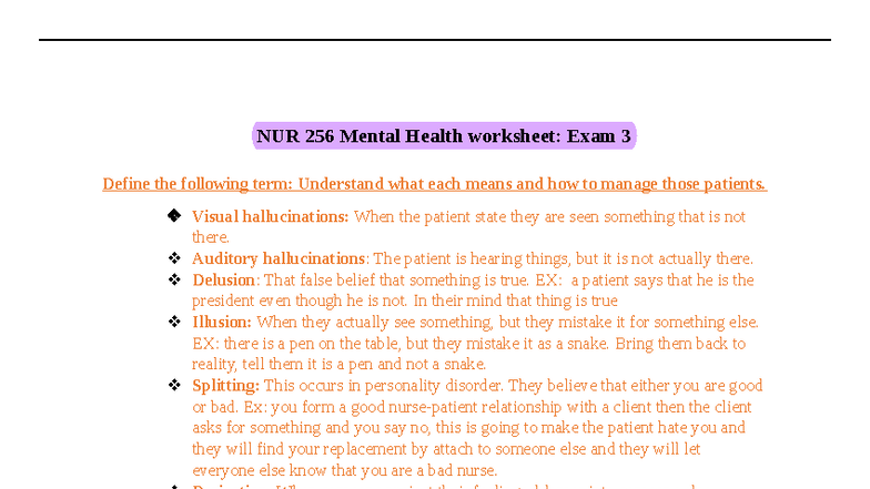NUR 256 Mental Health Worksheet: Exam 3 Study Guide and Key Concepts ...