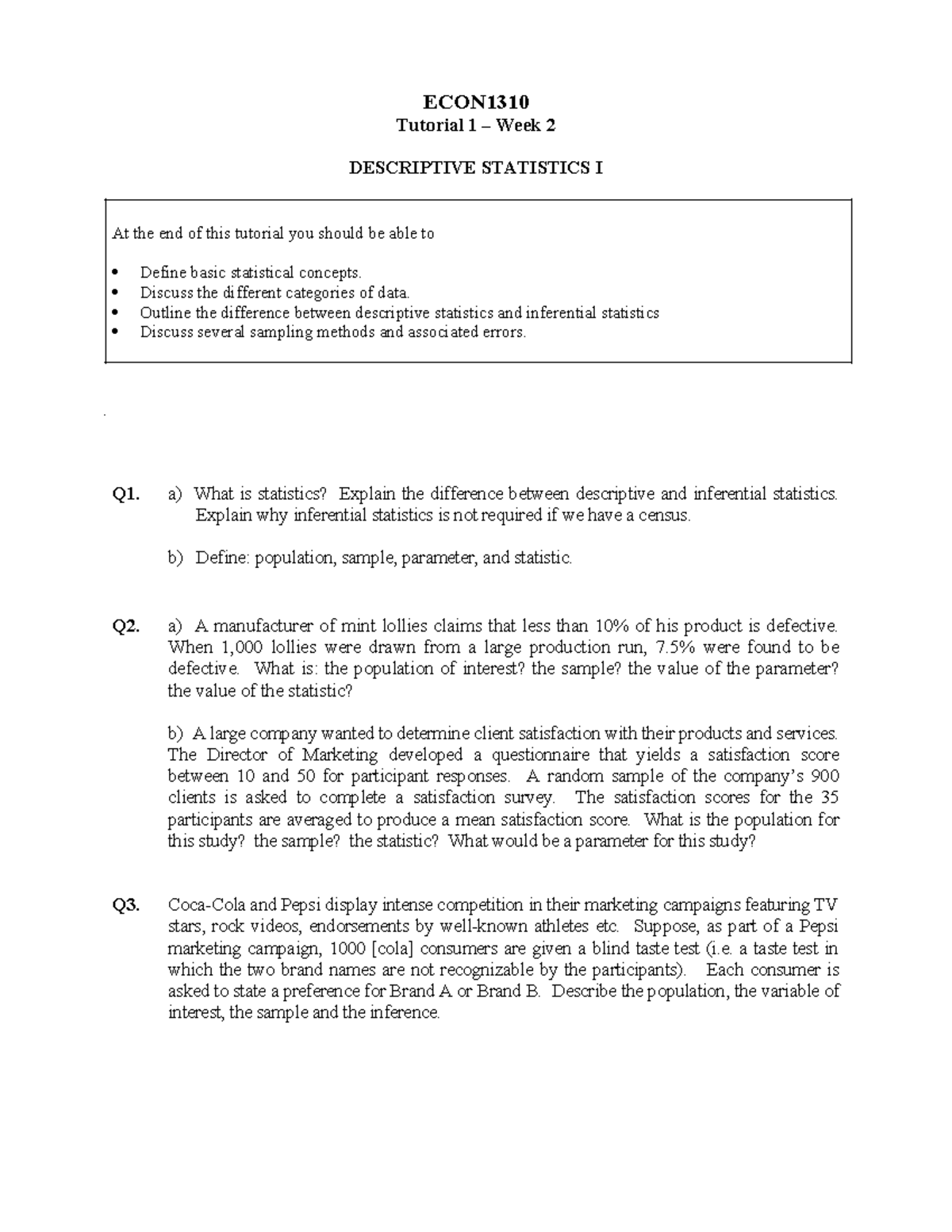 ECON1310 Tutorial 1: Descriptive Statistics & Sampling Methods - Studocu