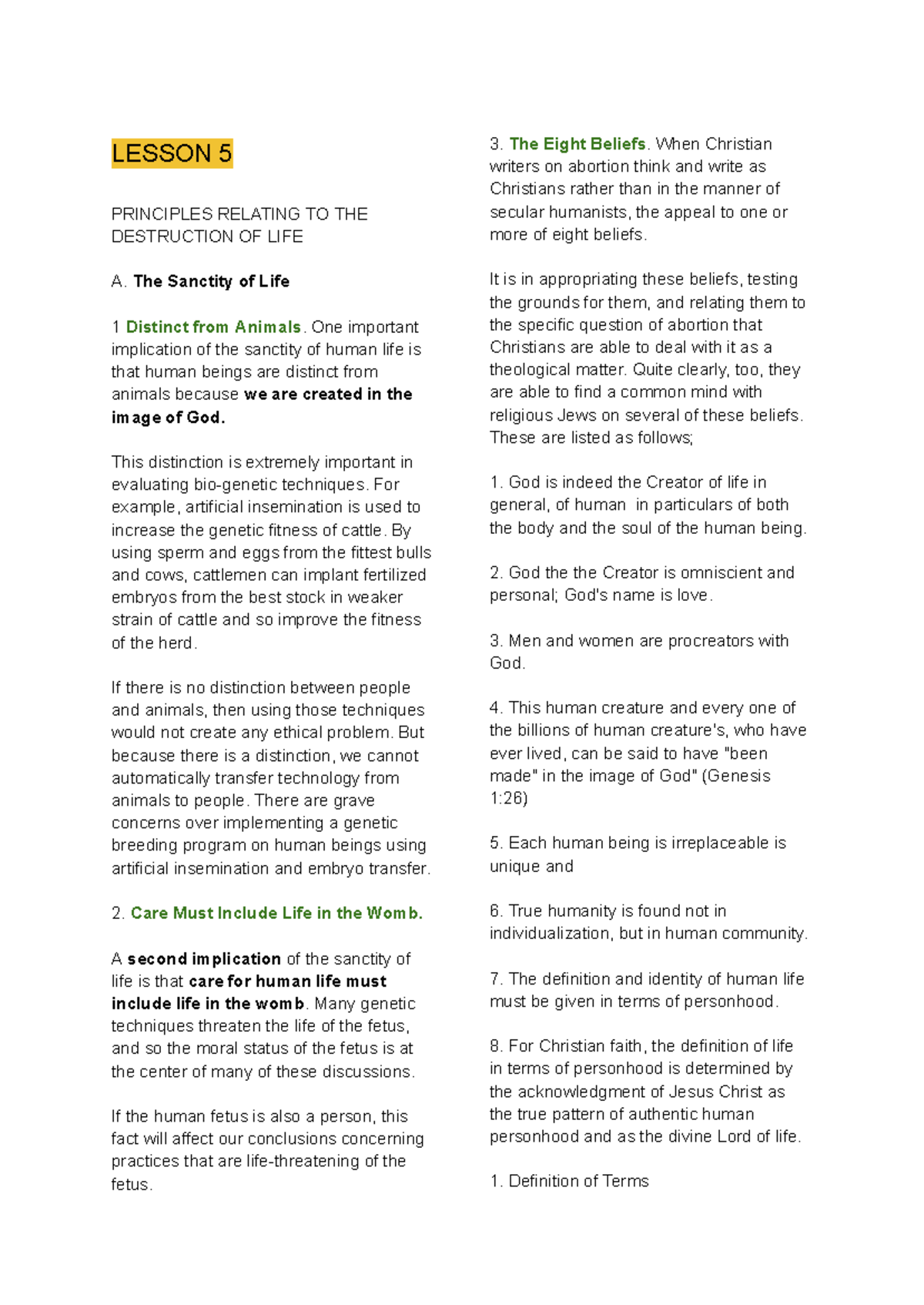Ethics Lesson 5: The Sanctity of Life and Euthanasia Principles - Studocu