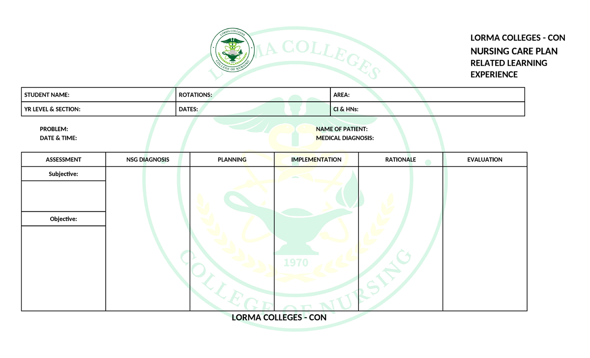 NURSING CARE PLAN & DRUG STUDY TEMPLATES (LORMA COLLEGES - CON) - Studocu