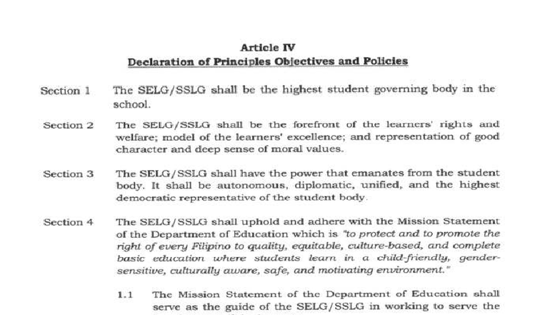 SSLG Select Constitution: Declaration of Principles & Objectives - Studocu