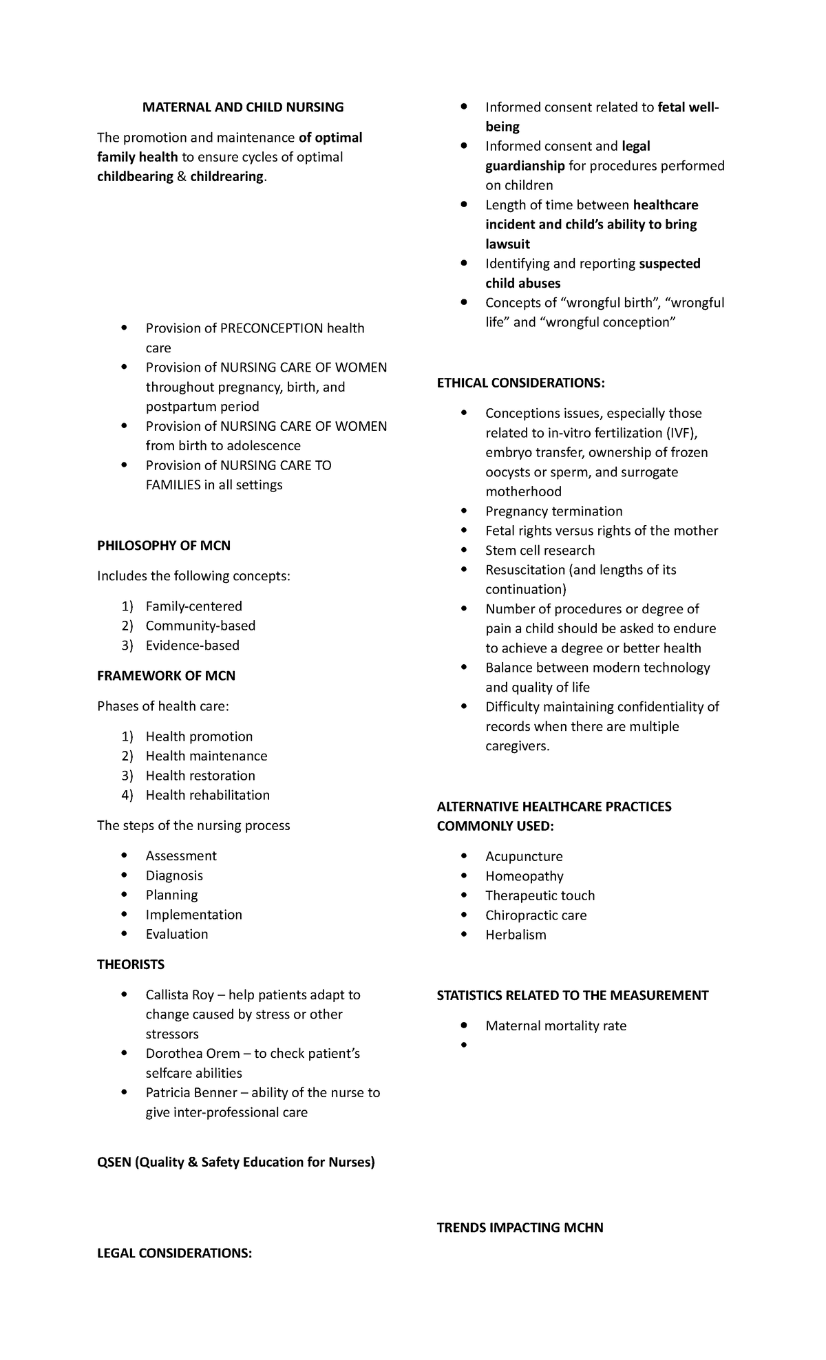 Maternal and Child Nursing - Key Concepts and Trends (Transes #1) - Studocu