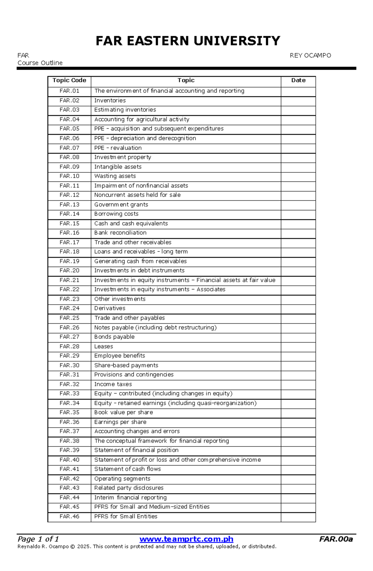 FAR Course Outline: Financial Accounting Topics by Rey Ocampo - Studocu