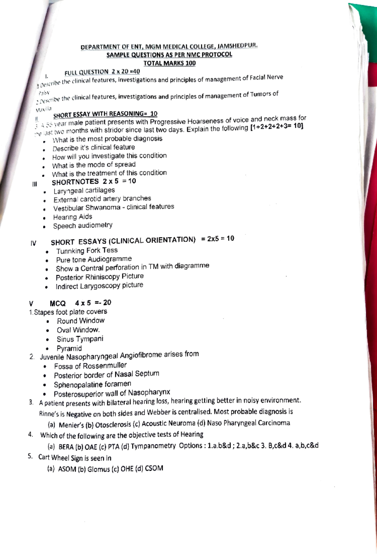 ENT Model question paper - IV V 1. DEPARTMENT OFENT, MGM MEDICAL ...