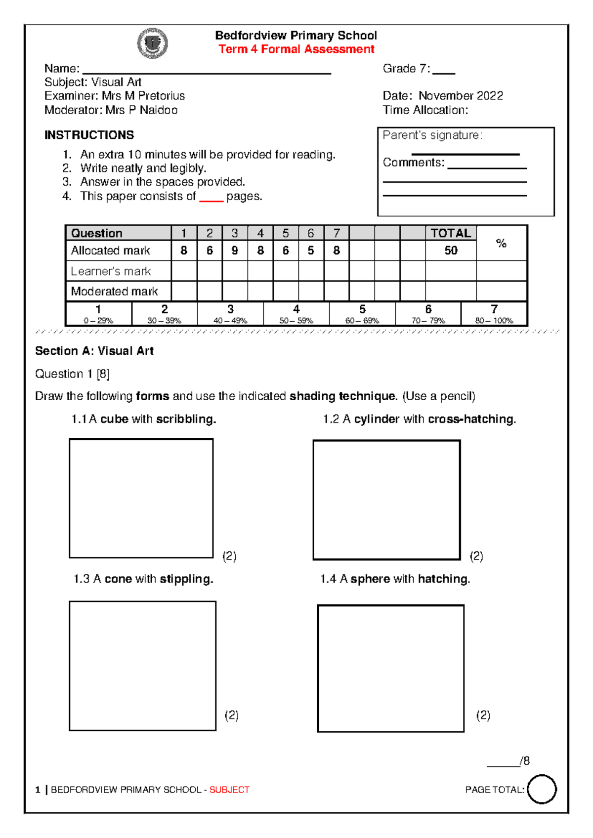 Grade 7 Visual Art Term 4 Formal Assessment - Bedfordview Primary - Studocu