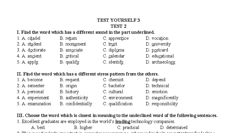 TEST YOURSELF 3 - TEST 2 - Vocabulary & Reading Exercises - Studocu