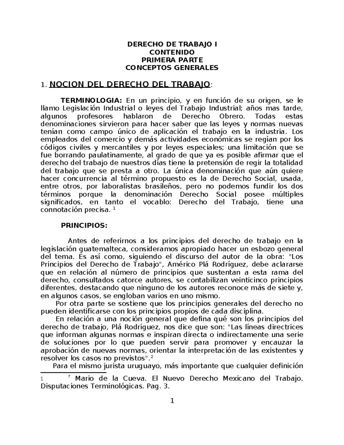DERECHO DE TRABAJO I: CONCEPTOS GENERALES Y PRINCIPIOS FUNDAMENTALES ...