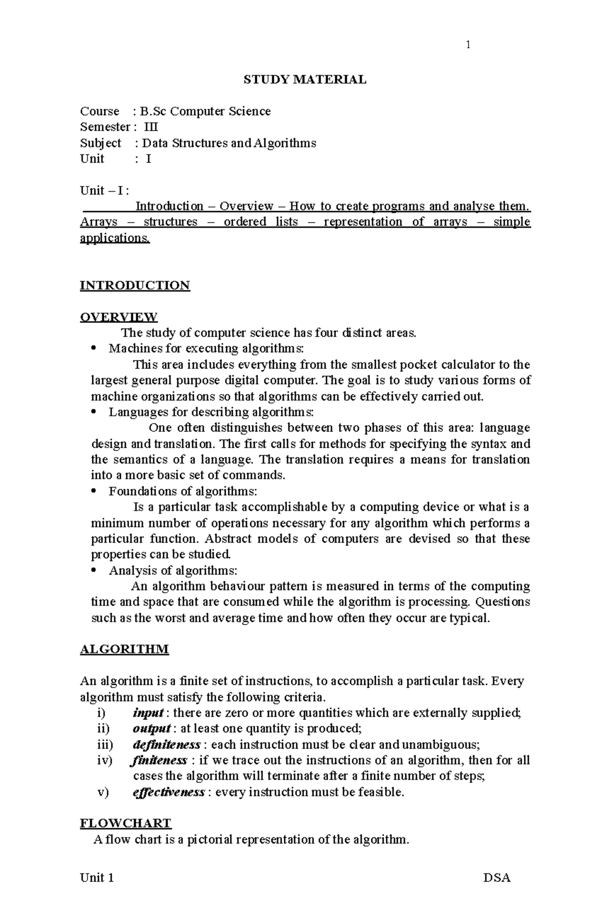 DS-Unit 1 - Study material - STUDY MATERIAL Course : B Computer Science ...