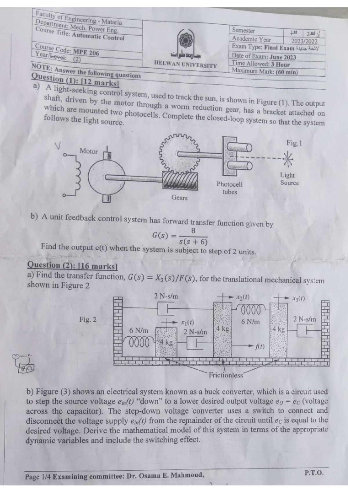 MPE 206 Automatic Control Systems Final Exam Part 1 Notes - Studocu