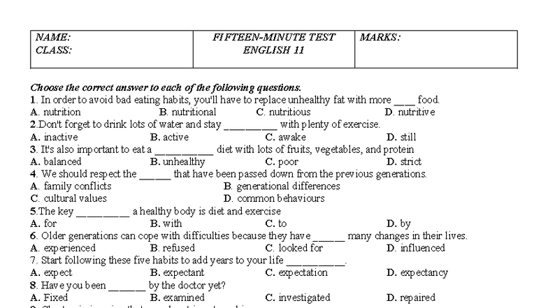 English 11 Test: Multiple Choice Questions and Sentence Rewrites - Studocu