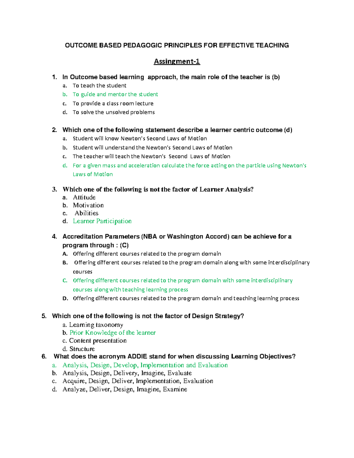 Assignment 1 Solution - Outcome Based Pedagogy Principles for Effective ...