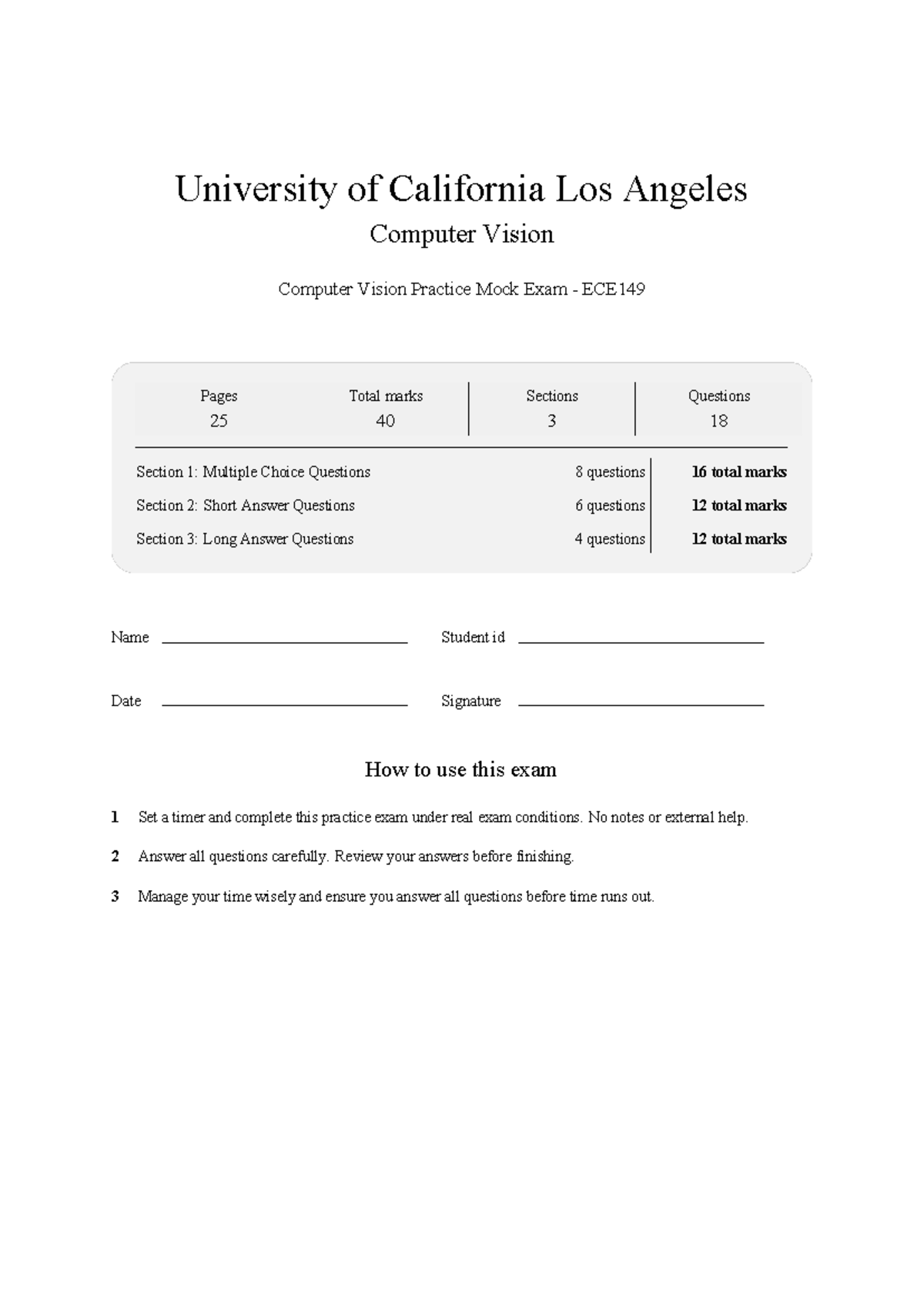 ECE 149 Computer Vision Practice Mock Exam - UCLA 2026 - Studocu