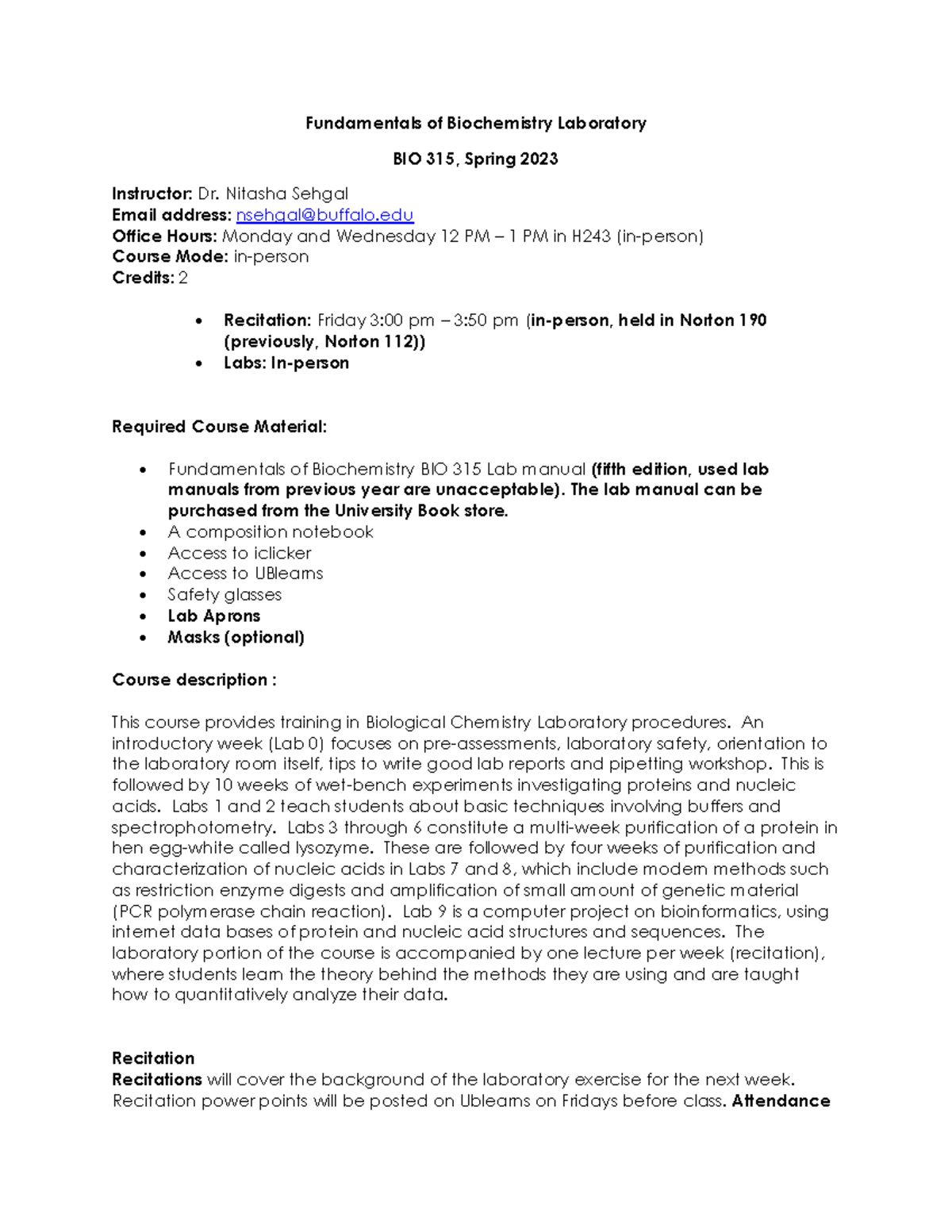 BIO 315 Spring 2023 Biochemistry Laboratory Syllabus and Schedule - Studocu