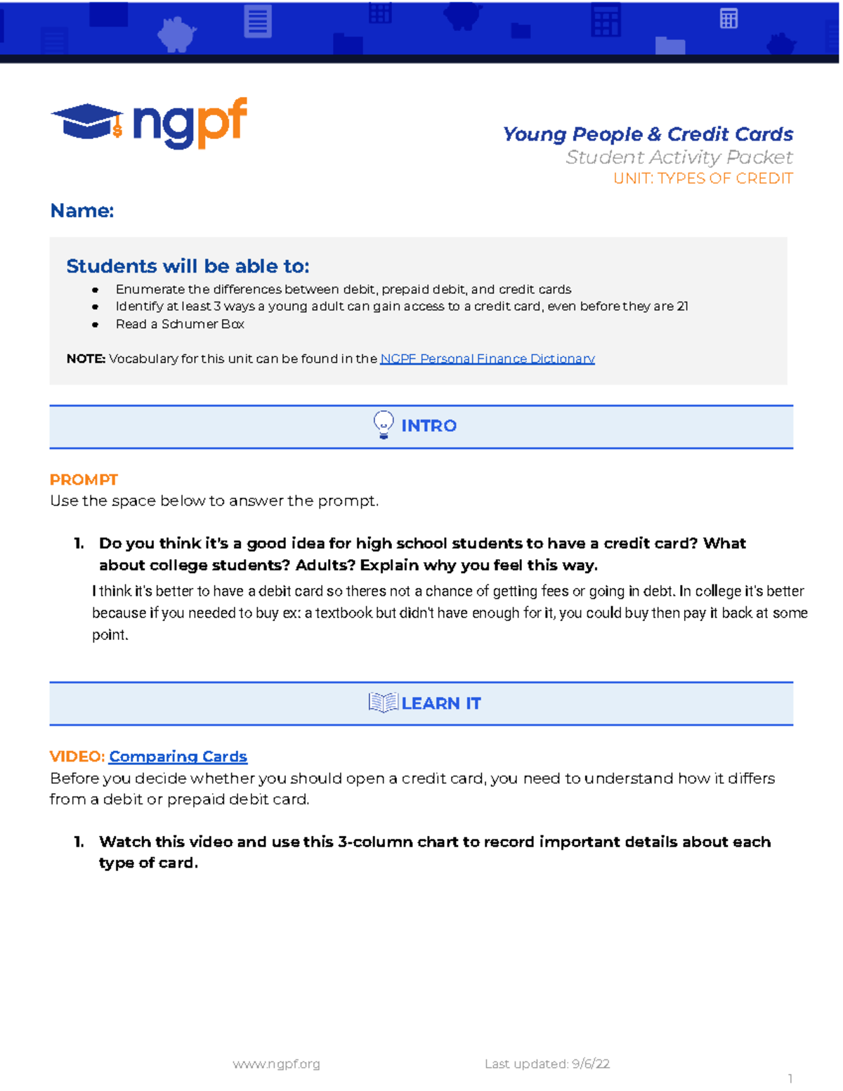 Kami Export - Young People & Credit Cards Student Activity Packet ...