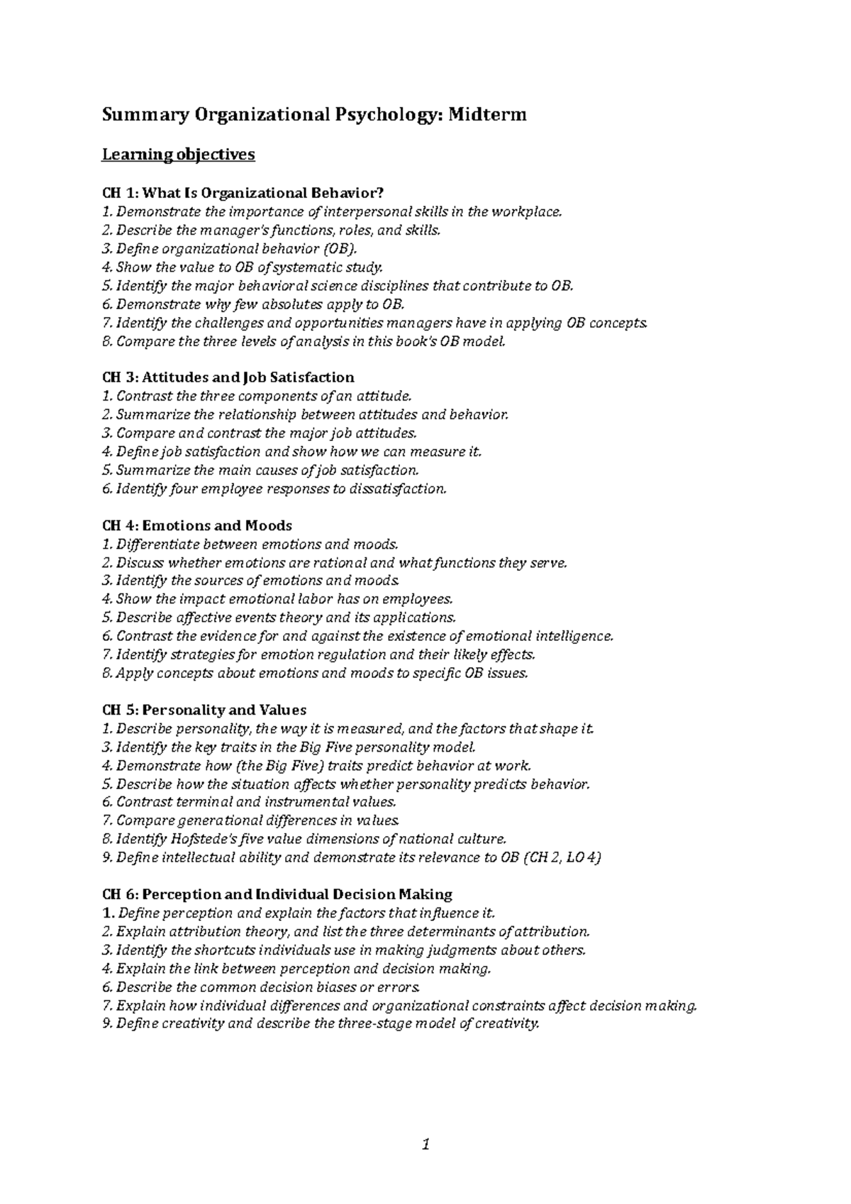 Organizational Psychology Midterm Summary: Key Concepts and Theories ...