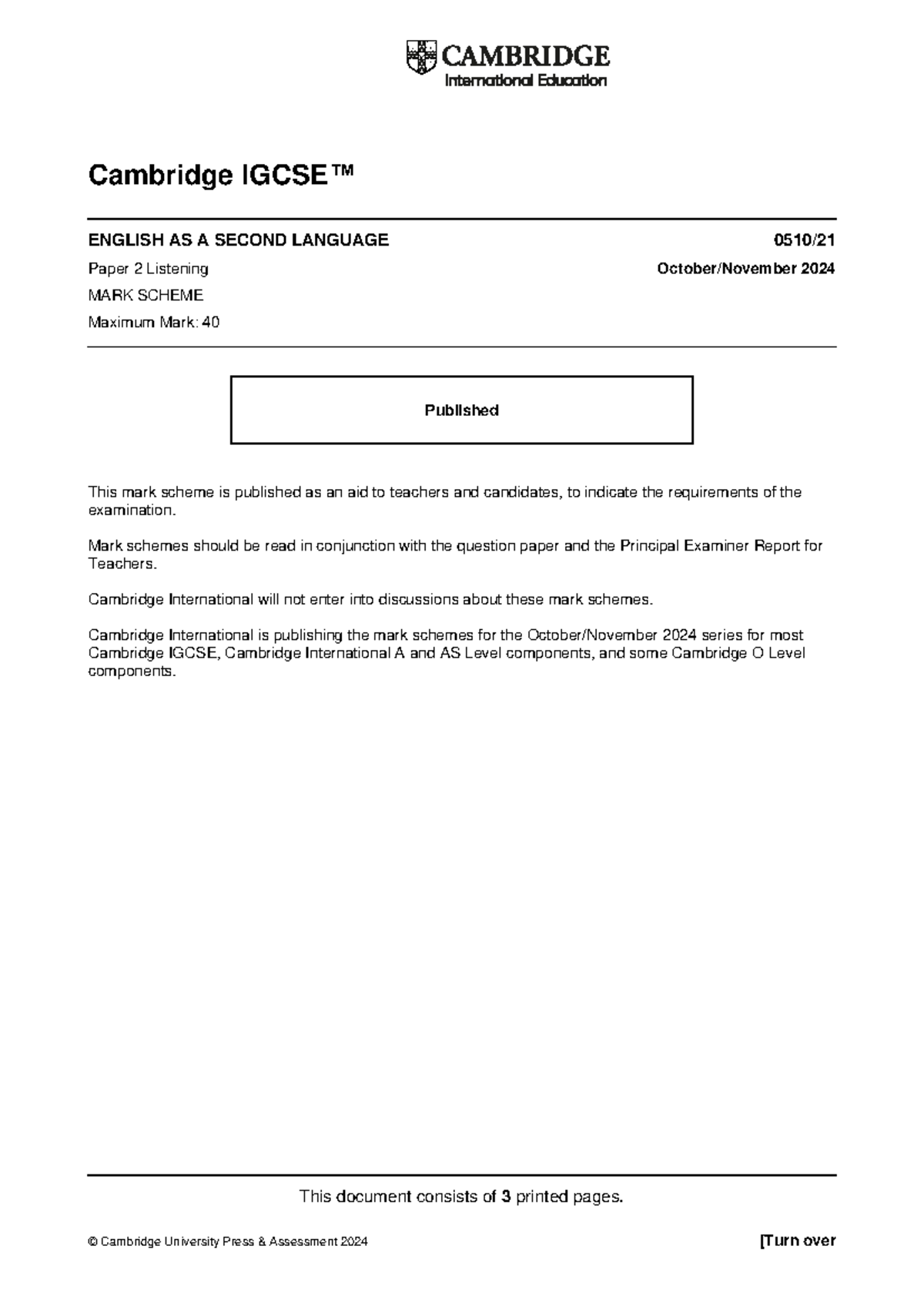Cambridge IGCSE 0510/21 Listening Paper 2 Mark Scheme - Oct/Nov 2024 ...