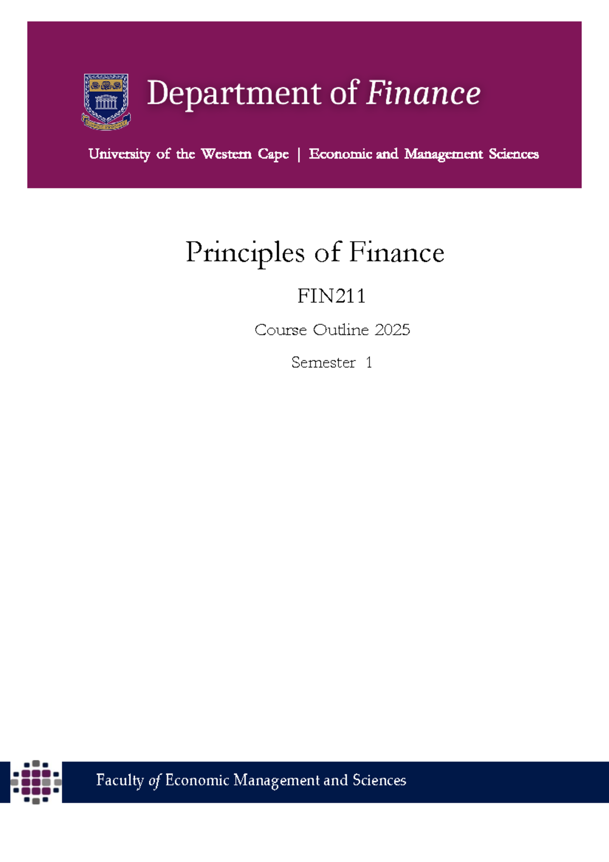 FIN 211 Principles of Finance Course Outline - Semester 1, 2025 - Studocu