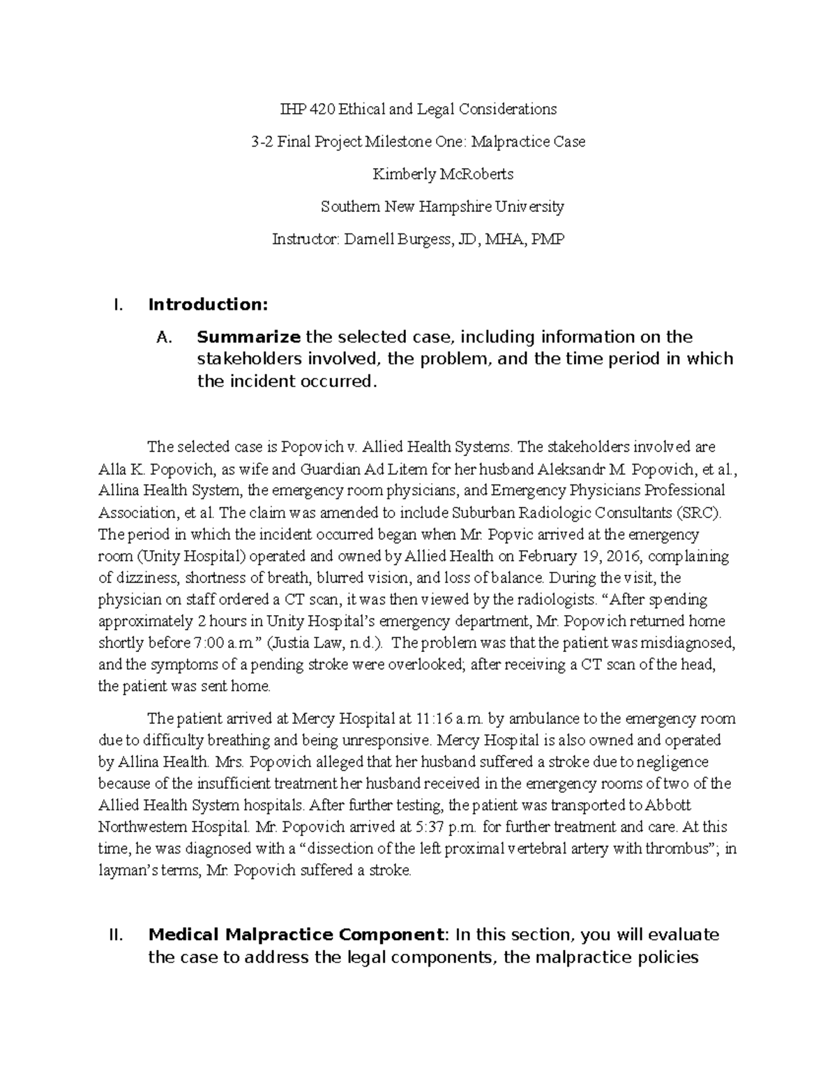 IHP 420 Final Project Milestone One: Malpractice Case Analysis - Studocu