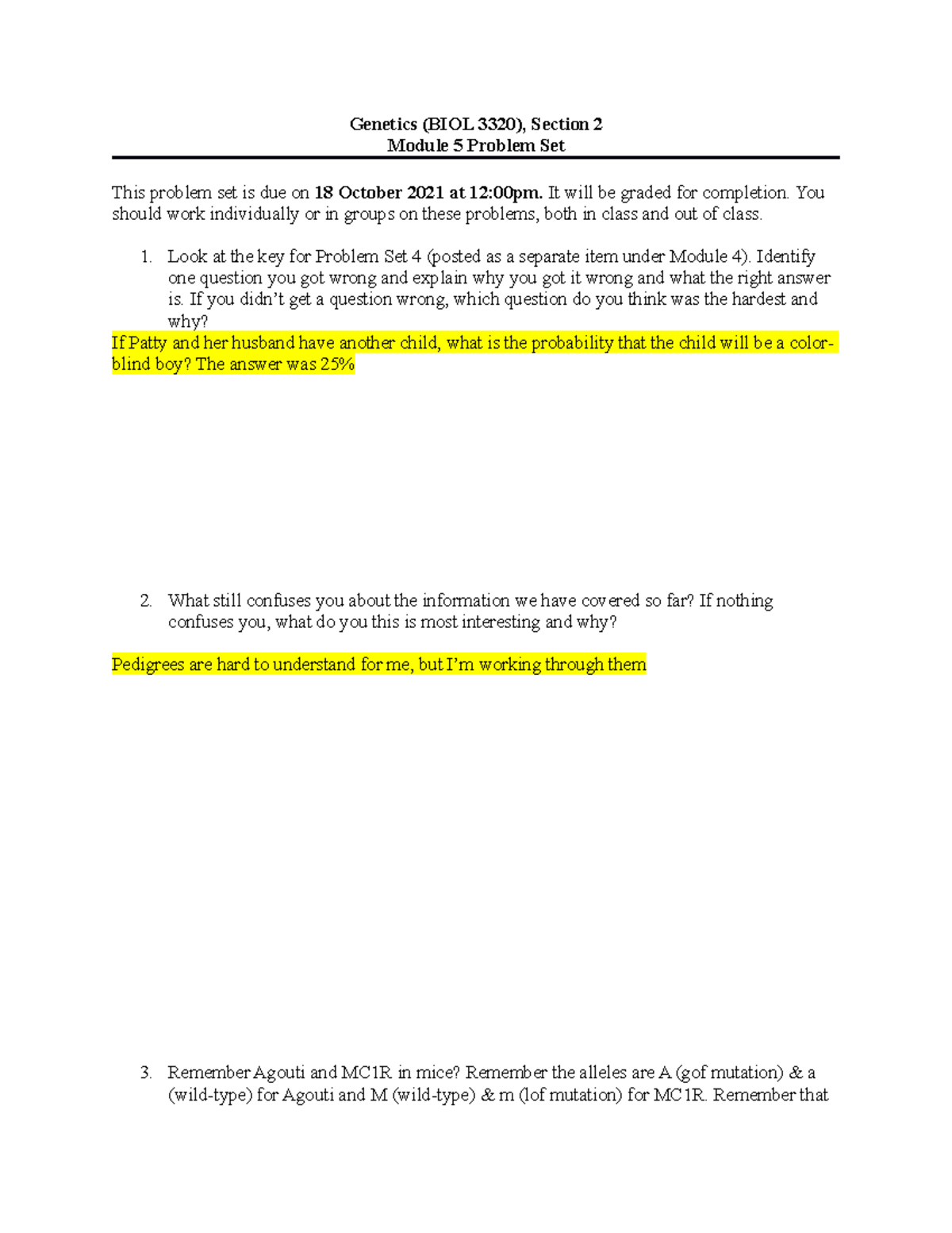 BIOL 3320 - Module 5 Problem Set: Genetics Concepts and Applications ...