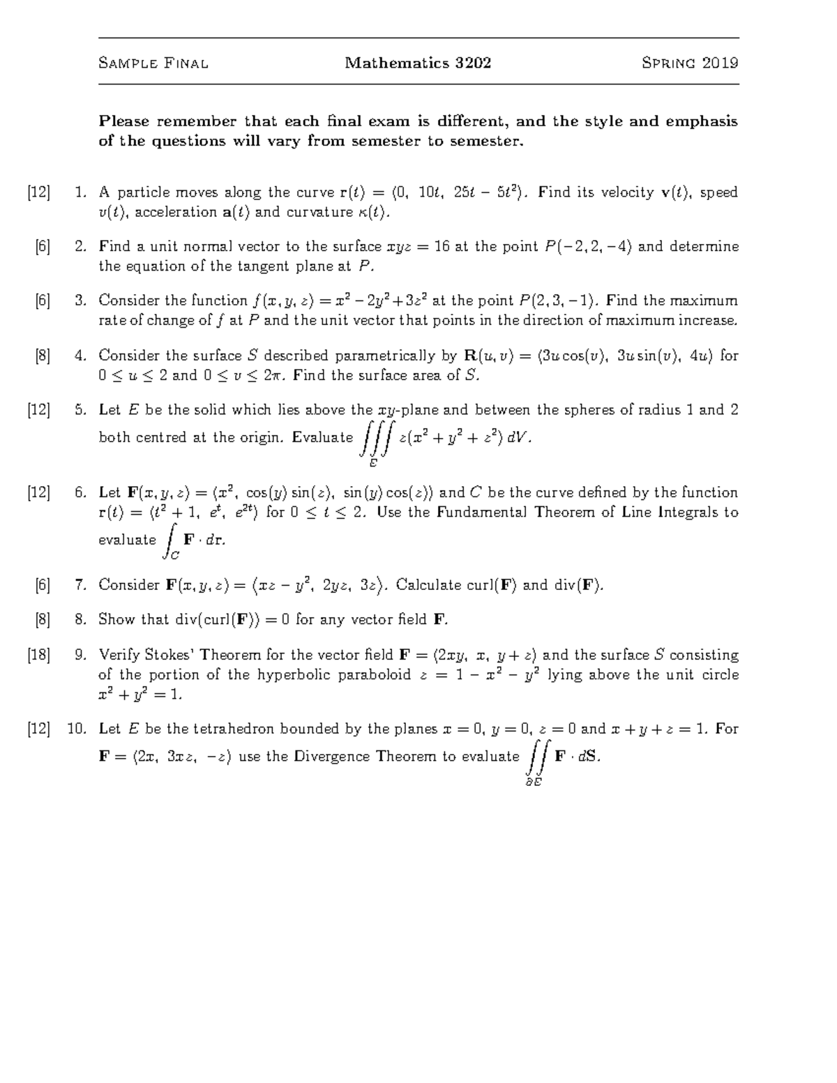 MAT 3202 Sample Final Exam - Mathematics Spring 2019 - Studocu