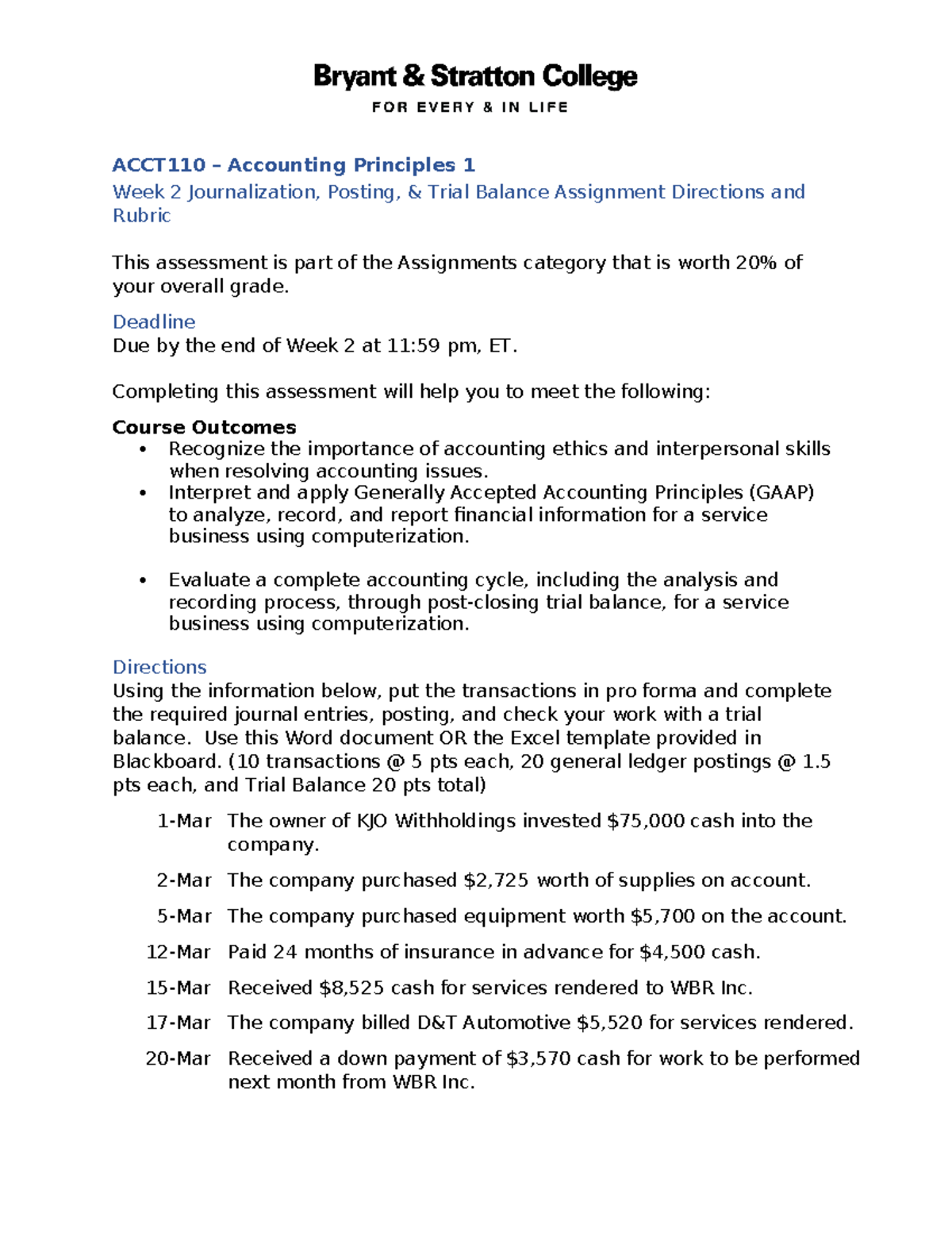 ACCT110 - Week 2 Journalization, Posting & Trial Balance Assignment ...