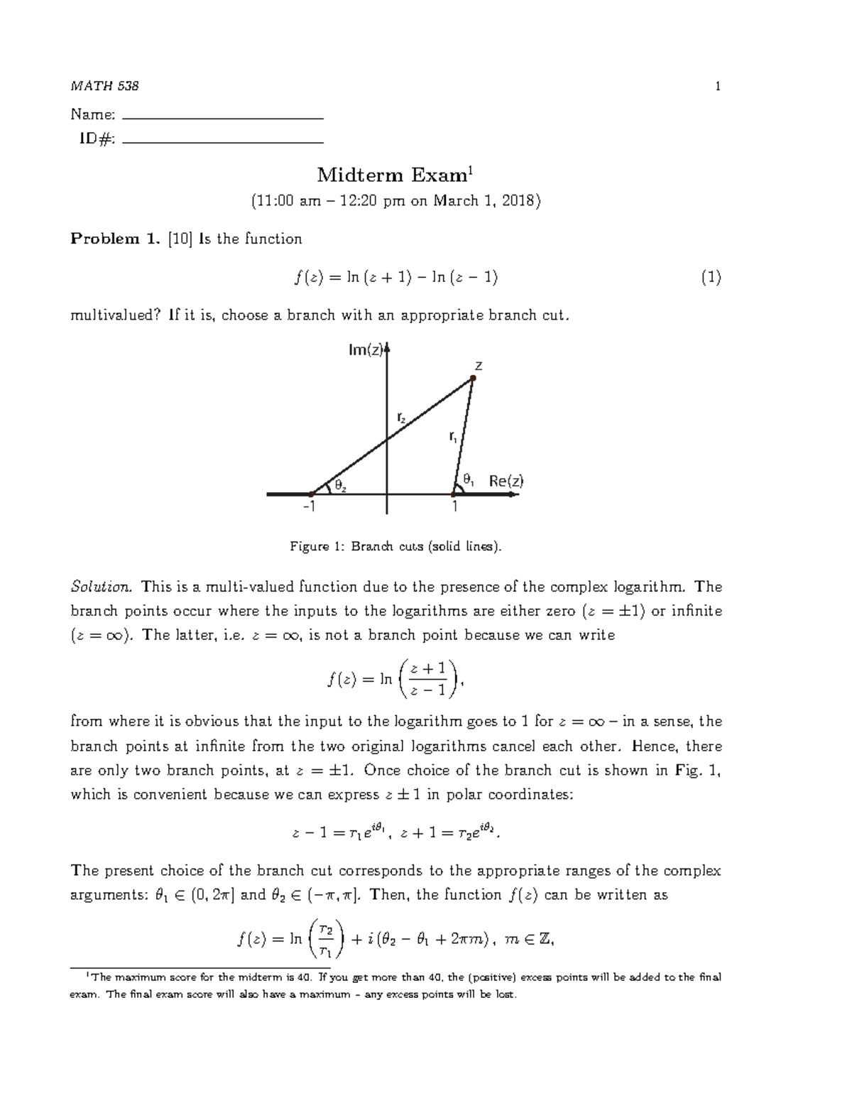 Midterm Exam 1 Solutions for MT1ANS: Complex Functions and Laplace ...