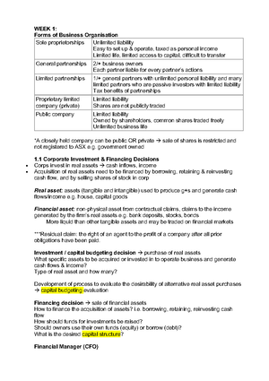 FINC2011: Comprehensive Summary Notes on Finance Concepts and ...