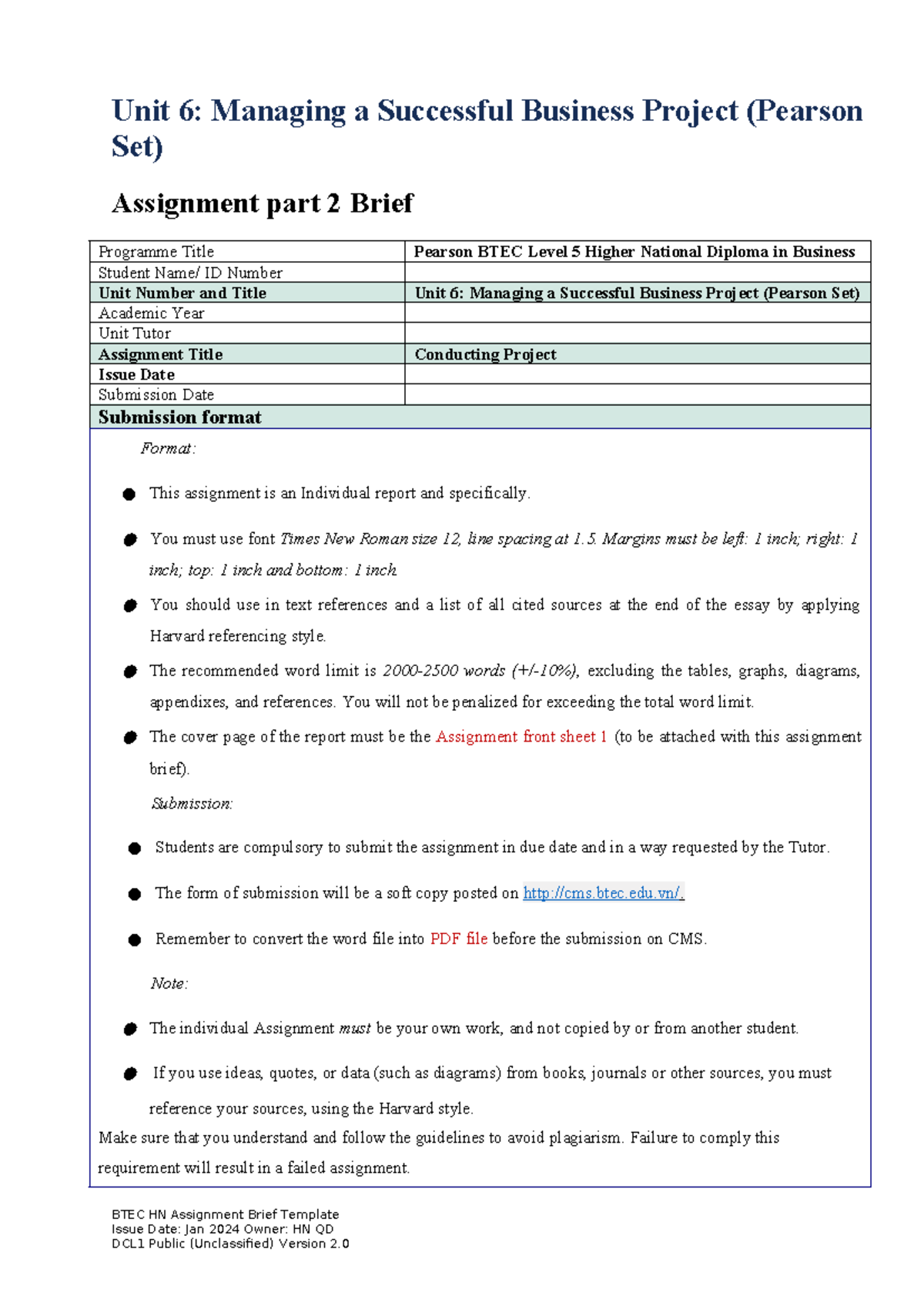 Unit 6: Managing a Successful Business Project (Pearson Set) Assignment ...