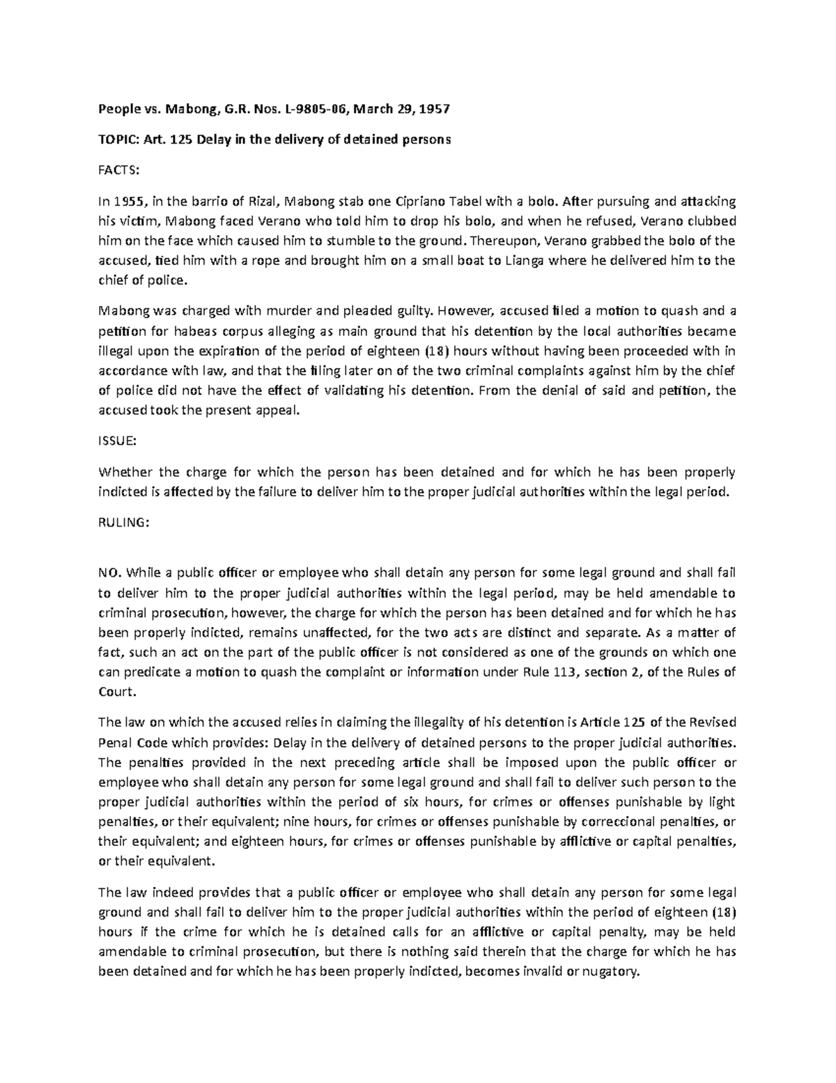 People vs. Mabong: Case Study on Art. 125 Detention Delay (G.R. Nos. L ...