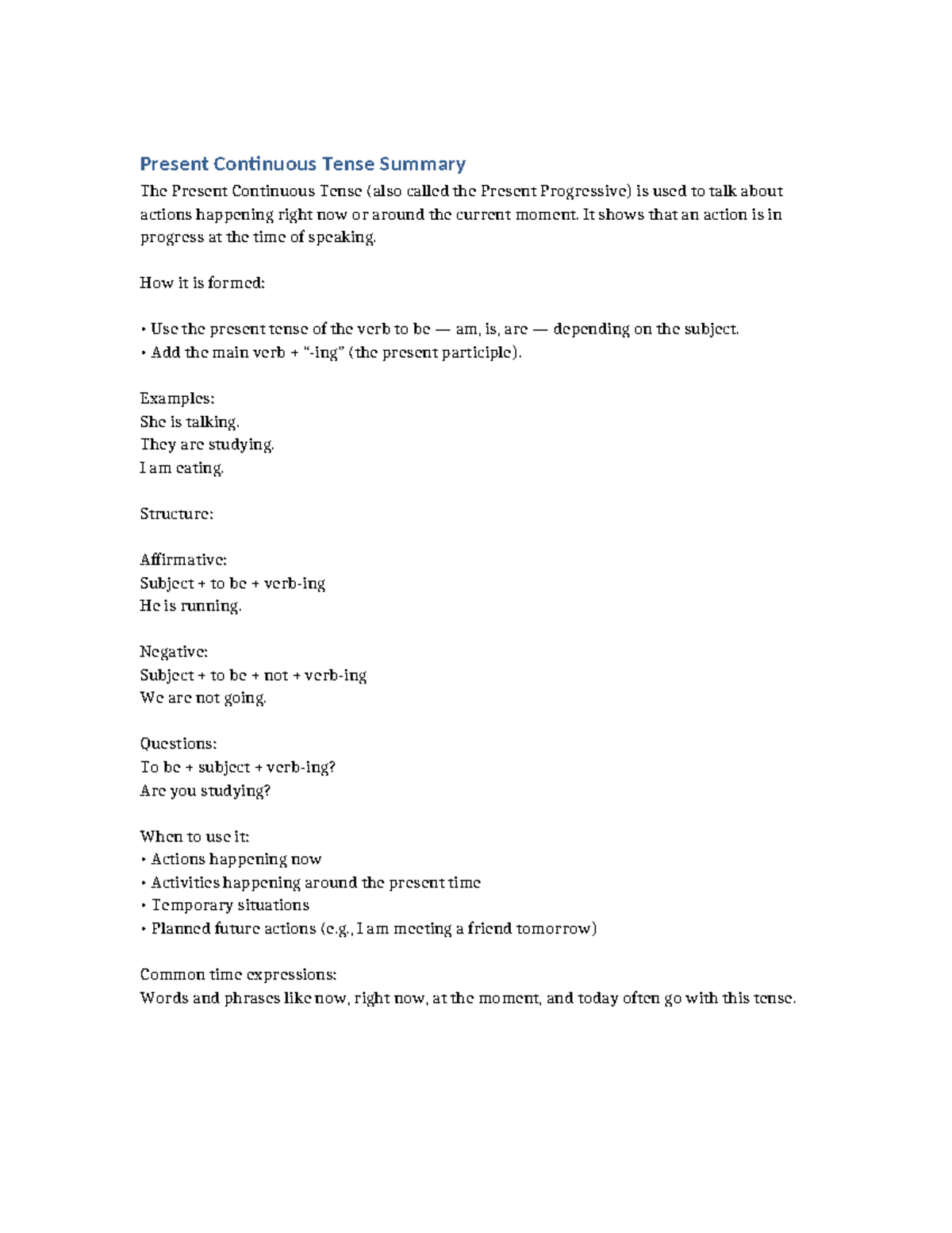Present Continuous Tense Summary - Unidad 3 Actividad 3 - Studocu