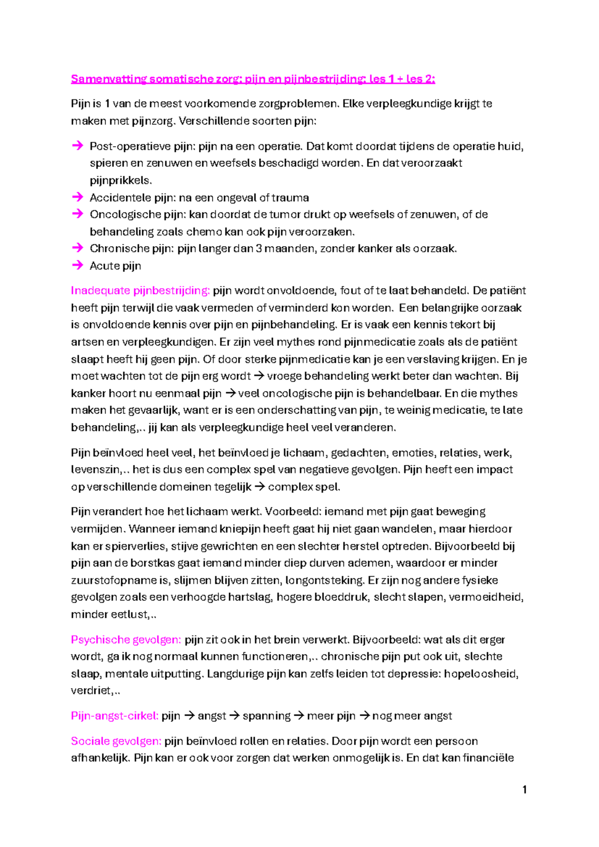 Samenvatting somatische zorg: Pijn en pijnbestrijding (Les 1-4) - Studocu