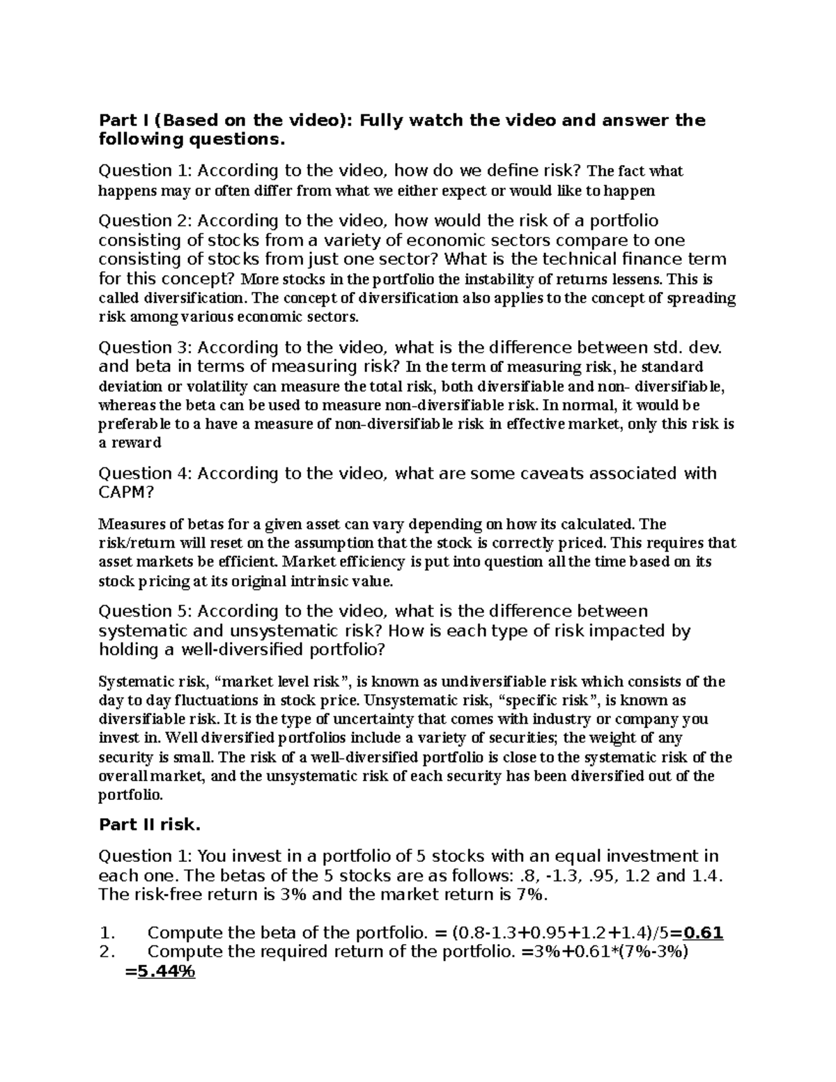 Risk Assignment - Homework on Portfolio Diversification and Measurement ...
