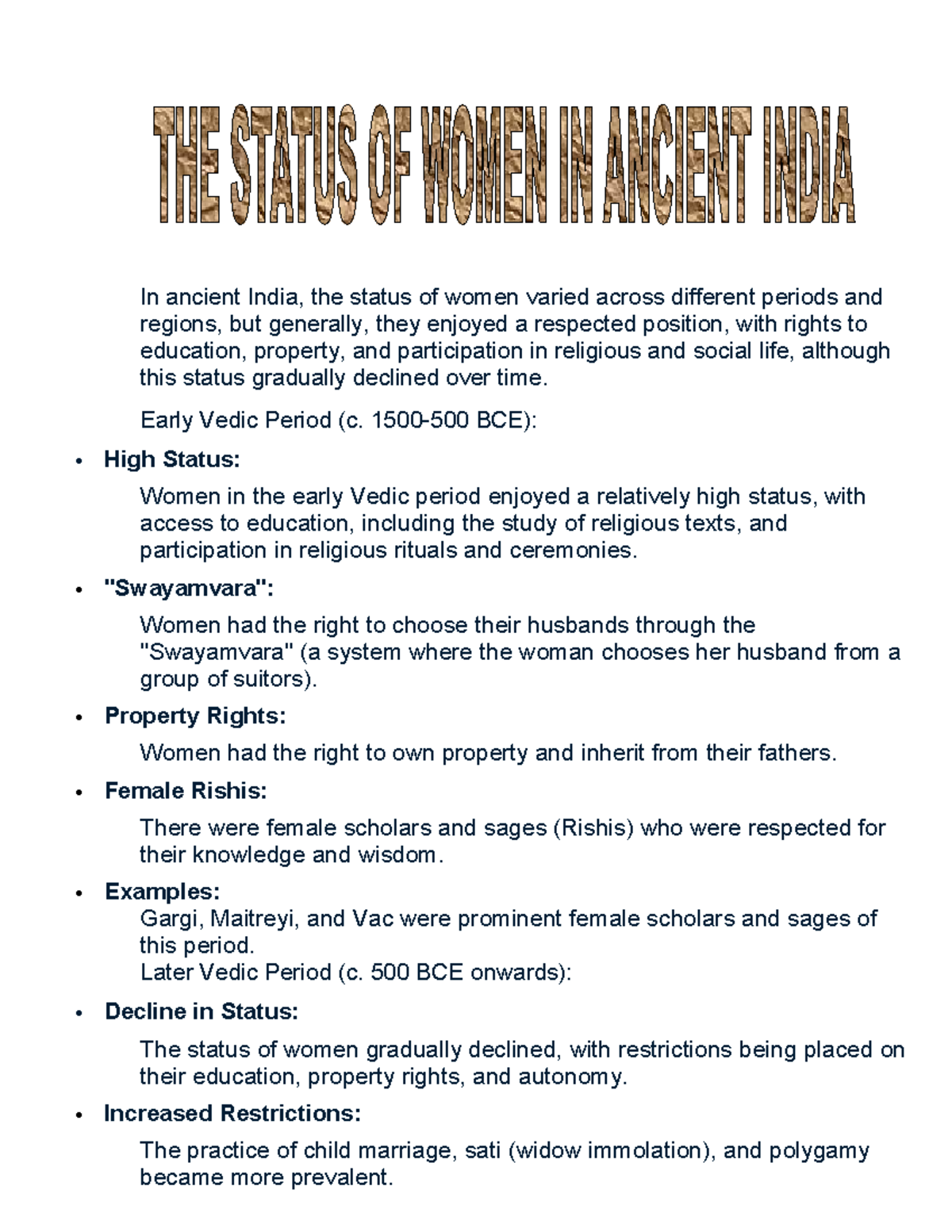 Unit 2 - Women's Status and Vedic Literature in Ancient India (BNC602 ...