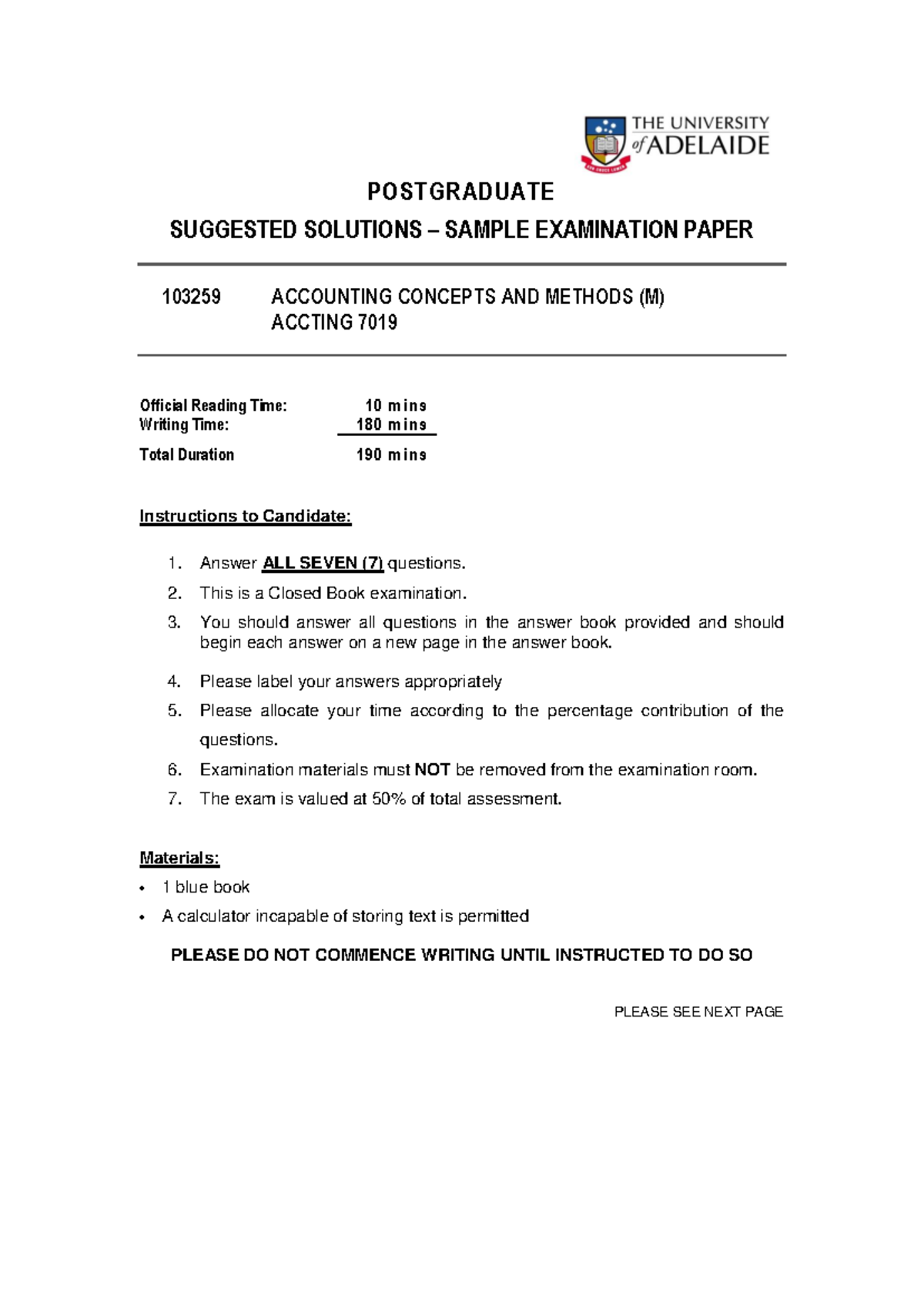 Sample exam, answers - POST GRADU ATE SUGGESTED SOLUTIONS – SAMPLE ...