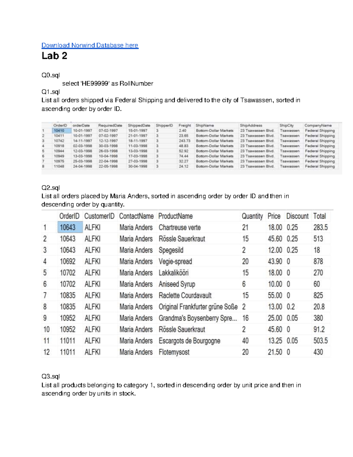 Norwind Database Lab 2 SQL Queries and Results Analysis - Studocu