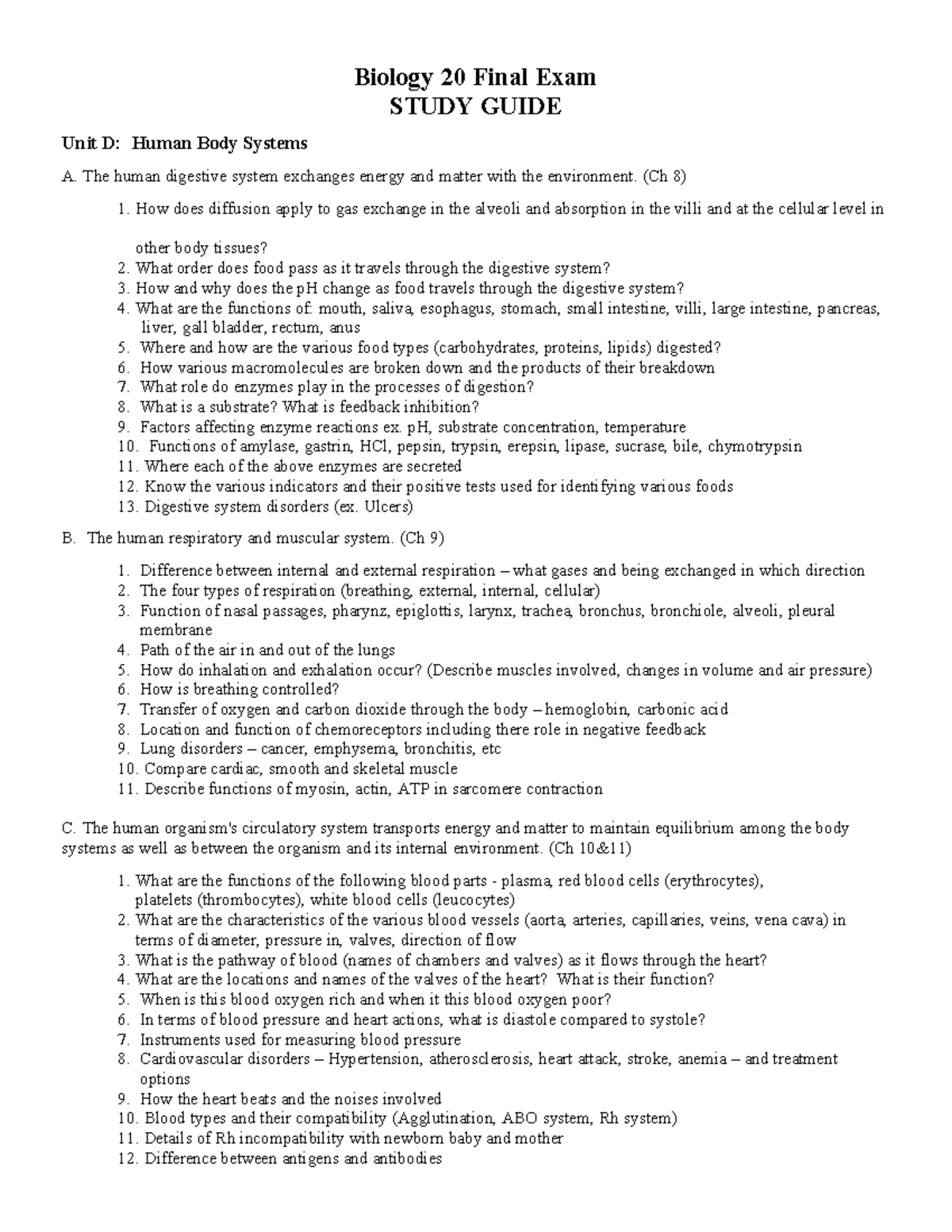 Biology 20 Final Exam Study Guide: Human Body Systems & Functions - Studocu