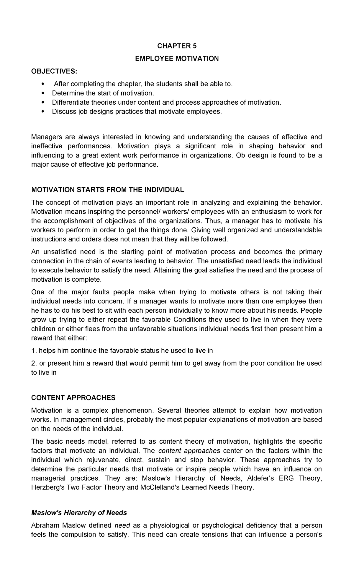 Chapter 5 Group 5 HBO - notess - CHAPTER 5 EMPLOYEE MOTIVATION ...