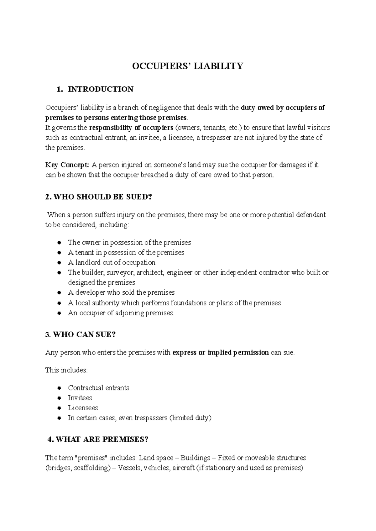 Occupier Liability Overview - Key Concepts and Cases - Studocu