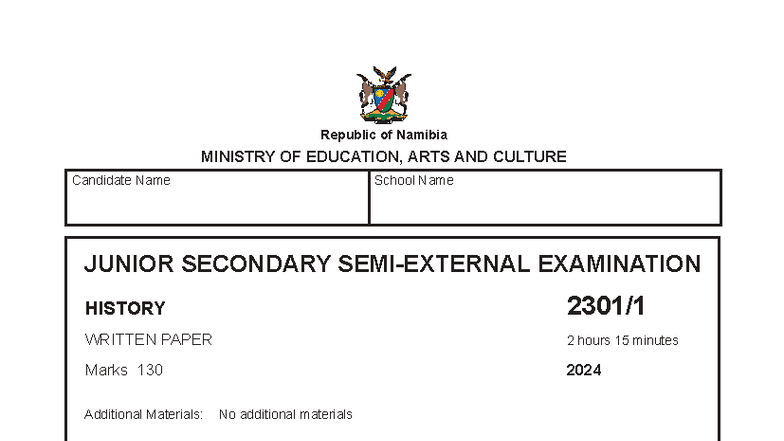 JSSEE 2024 History Examination Paper: Candidate Instructions and ...