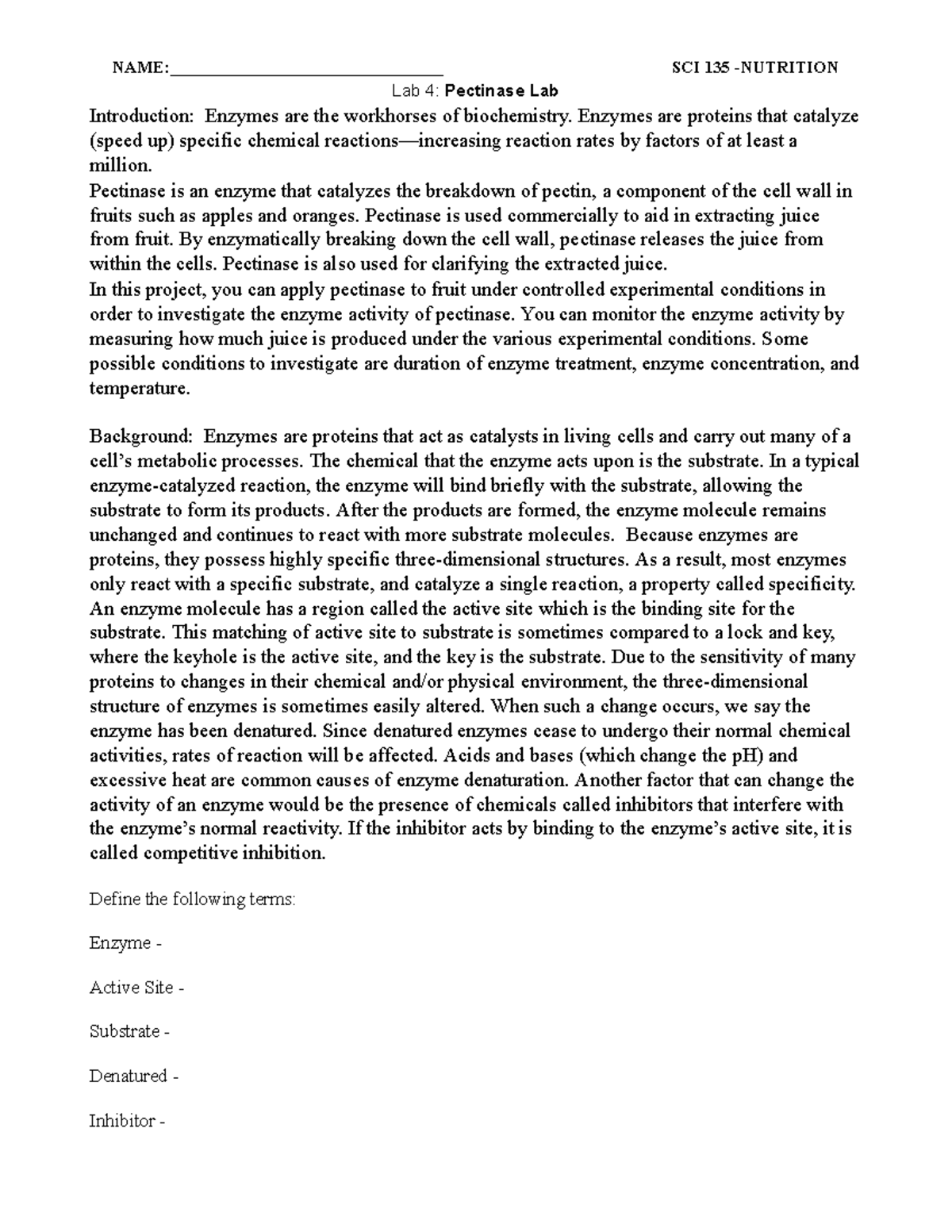 Lab 4: Pectinase Activity Experiment SCI 135 - Bio Notes - Studocu